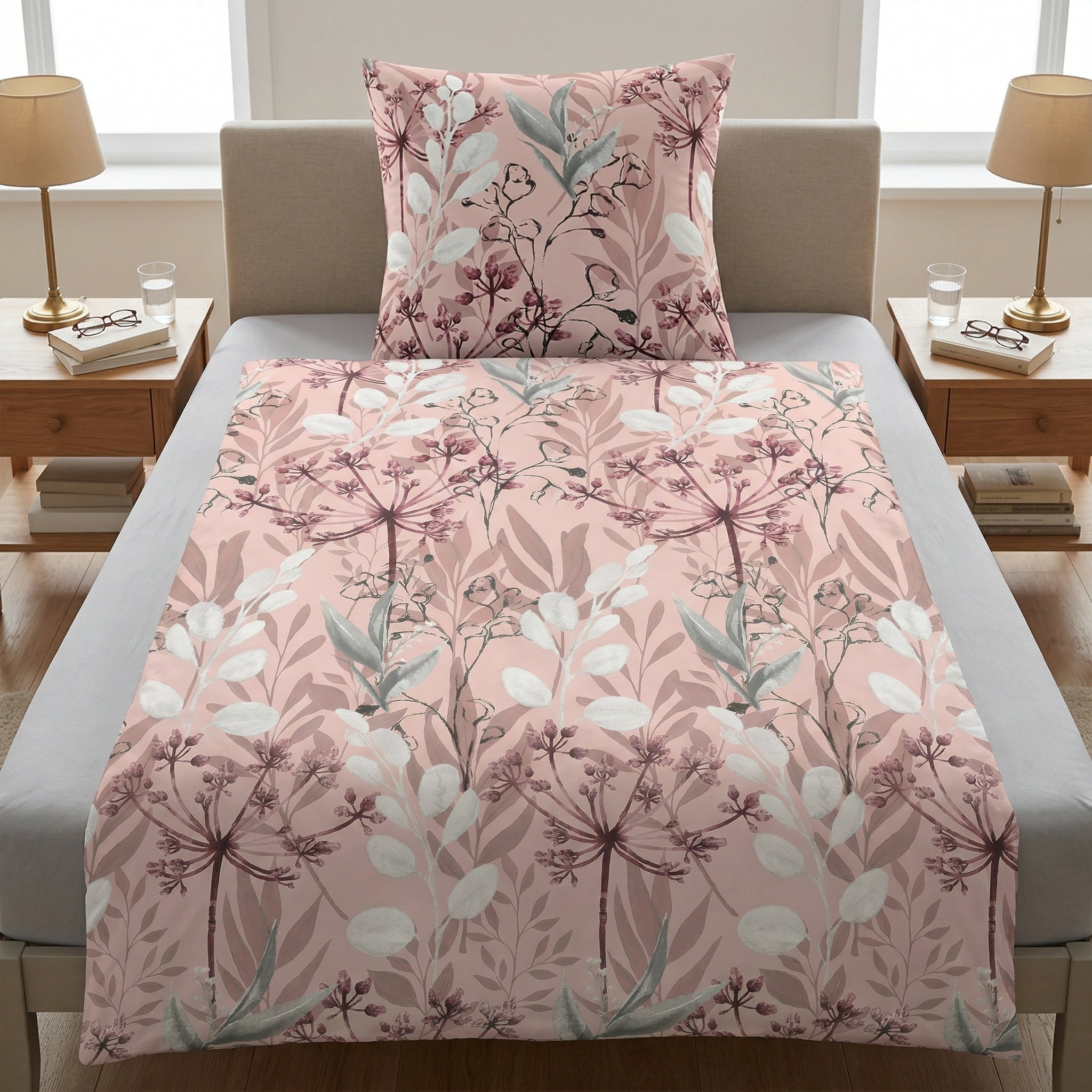 Rosa Bettwäsche mit floralem Muster auf Bett im hellen Schlafzimmer.