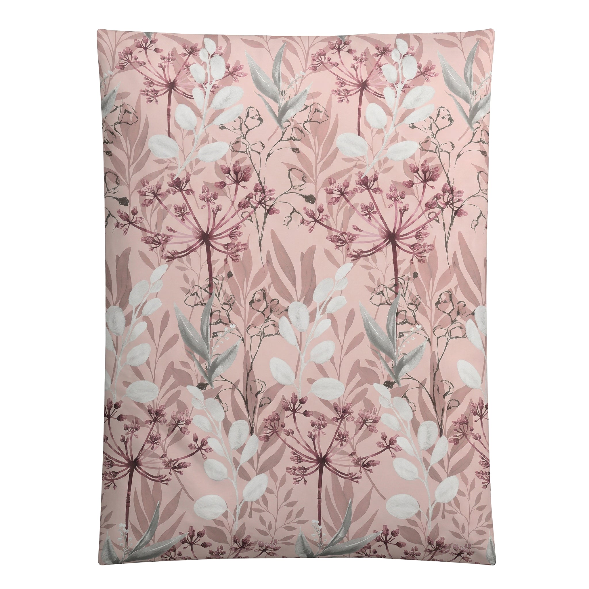 Rosafarbene Bettwäsche mit floralem Muster in Weiß und Mauve.