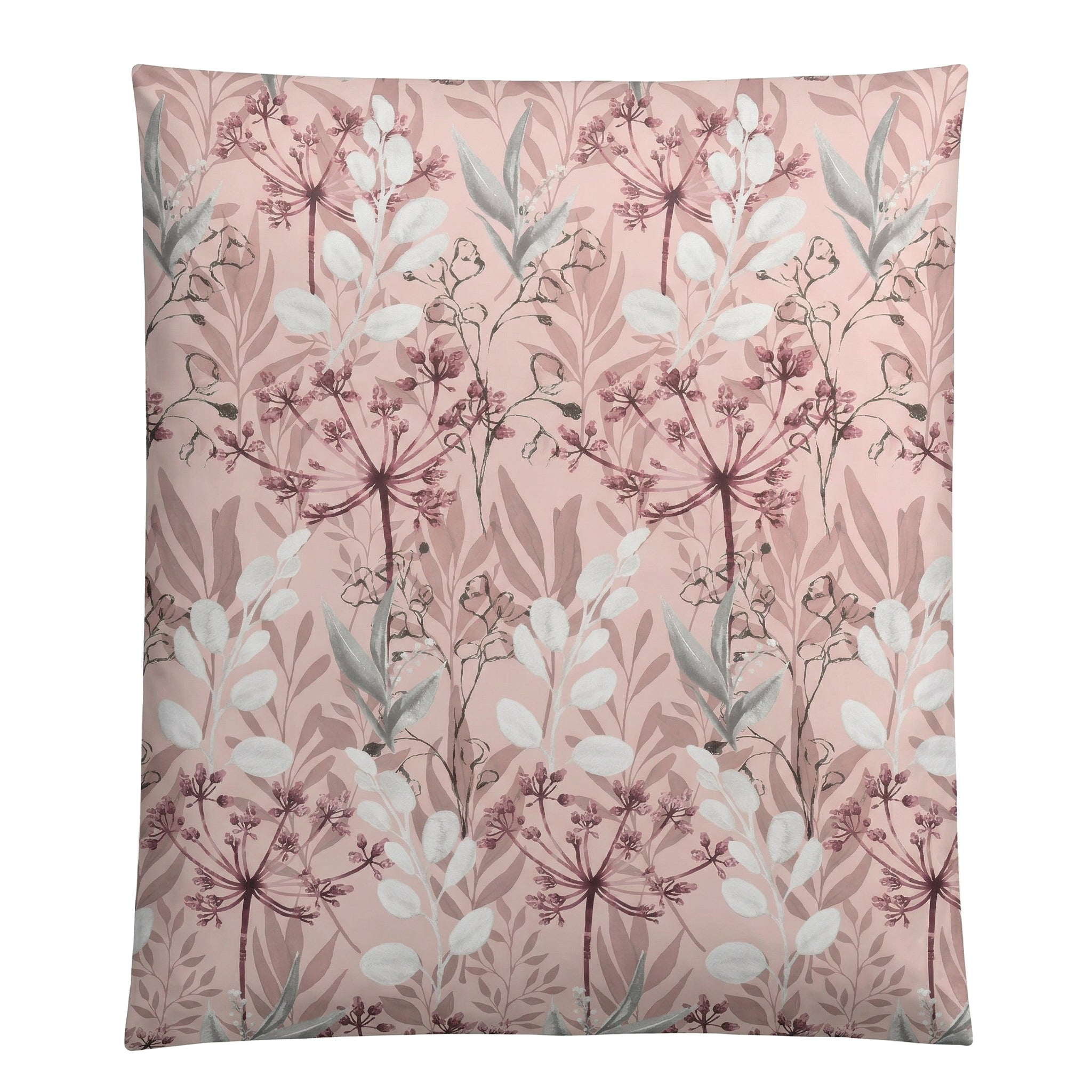 Rosafarbene Bettwäsche mit floralem Muster in Weiß und Mauve.