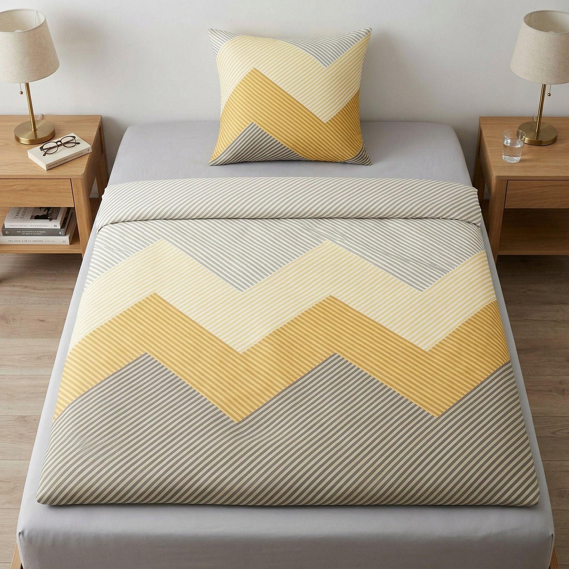 Bettwäsche mit gelb-grauem Zickzackmuster auf modernem Bett.