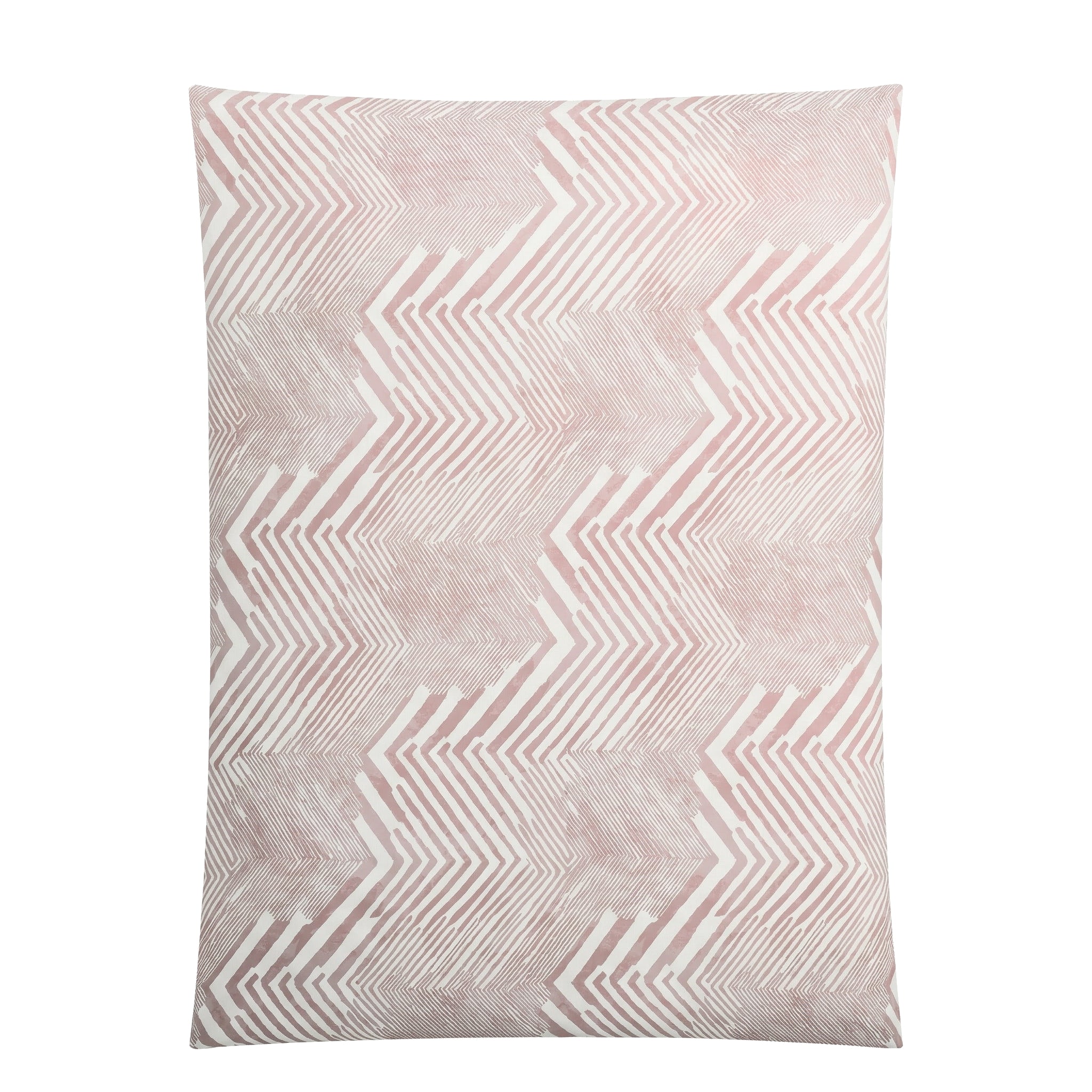 Rosa-weiße Bettwäsche mit grafischem Zickzackmuster.