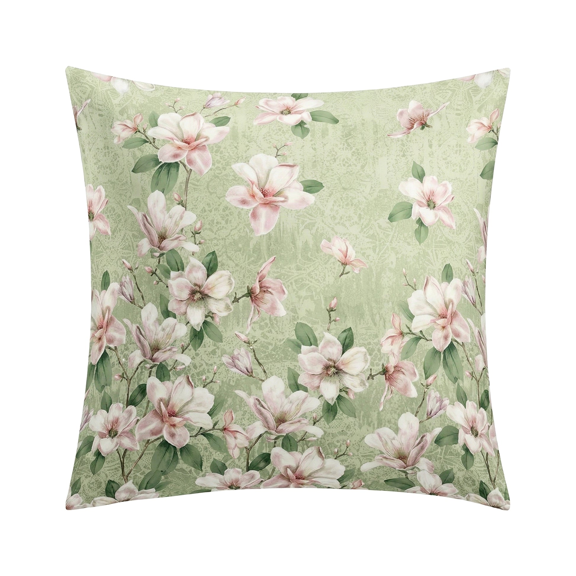 Hellgrüner Kopfkissenüberzug mit rosa Magnolienblüten.