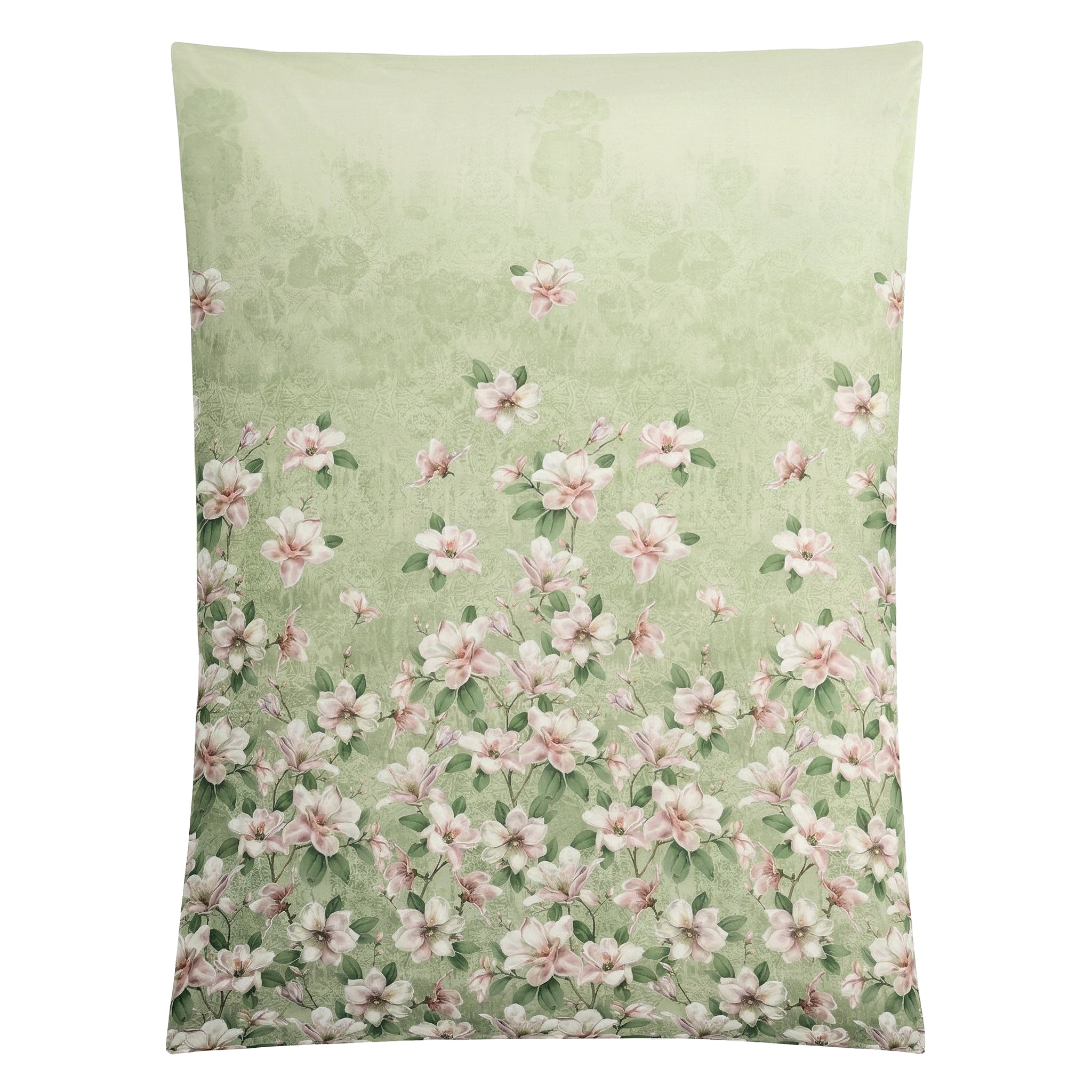 Grüne Bettwäsche mit zarten rosa Blüten und floralem Verlauf.