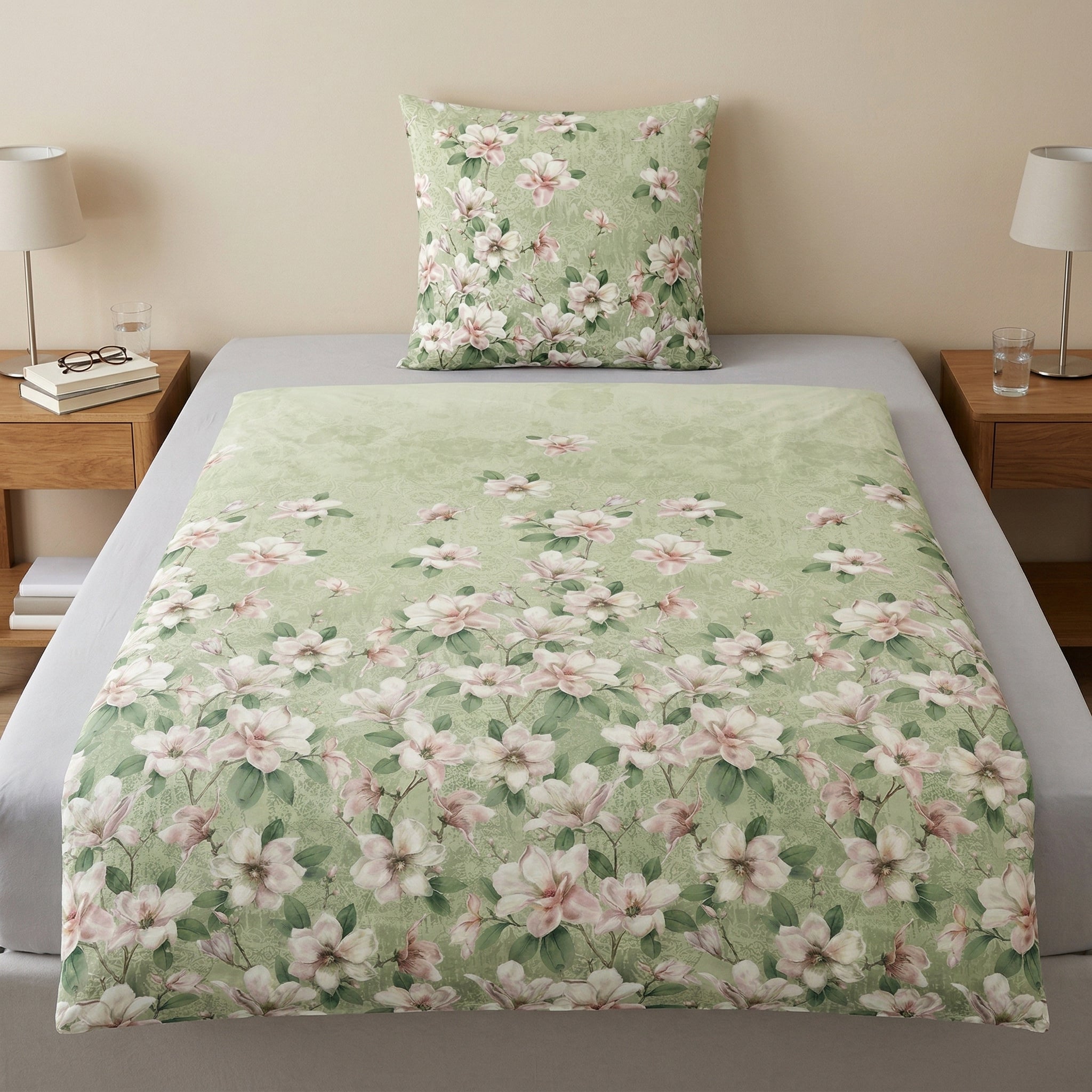 Grüne Bettwäsche mit zartem Blumenmuster auf einem Bett.