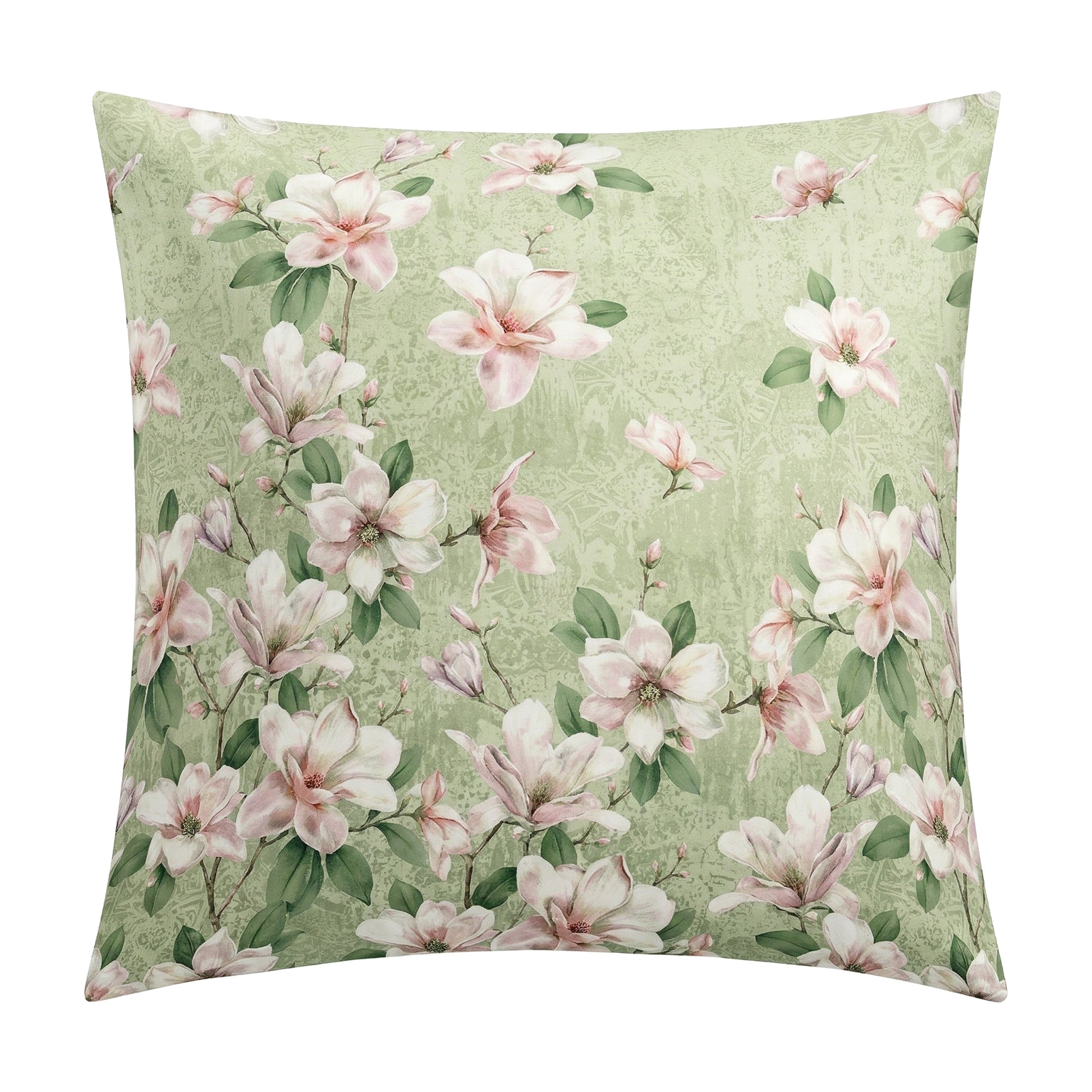 Hellgrüner Kopfkissenbezug mit zartem Magnolienblütenmuster.