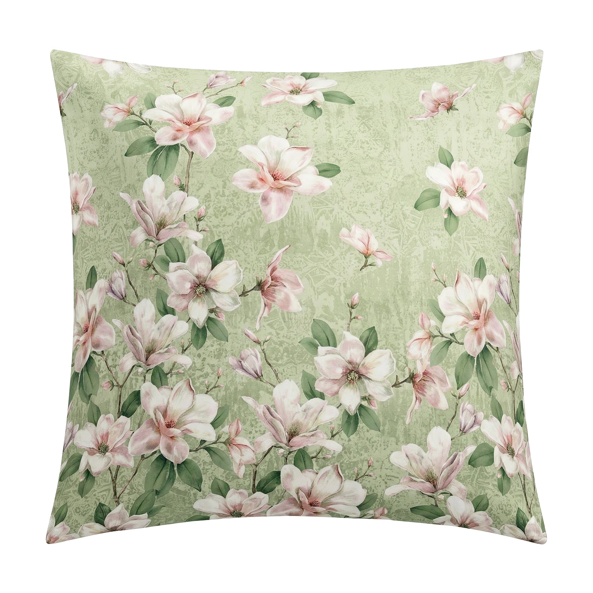 Hellgrüner Kopfkissenbezug mit zartem Magnolienblütenmuster.