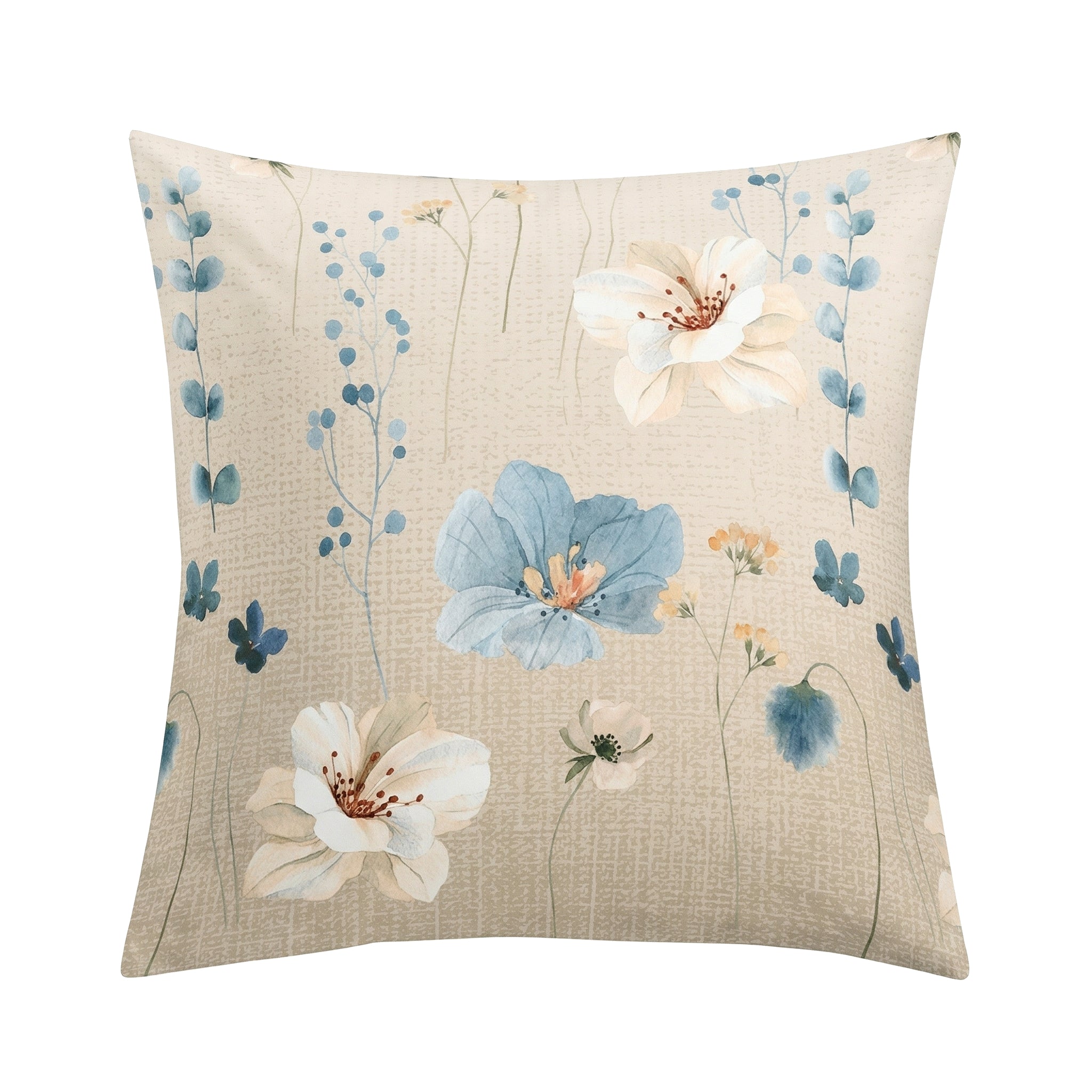 Beiger Kopfkissenüberzug mit zartem Blumenmuster in Blau und Weiß.