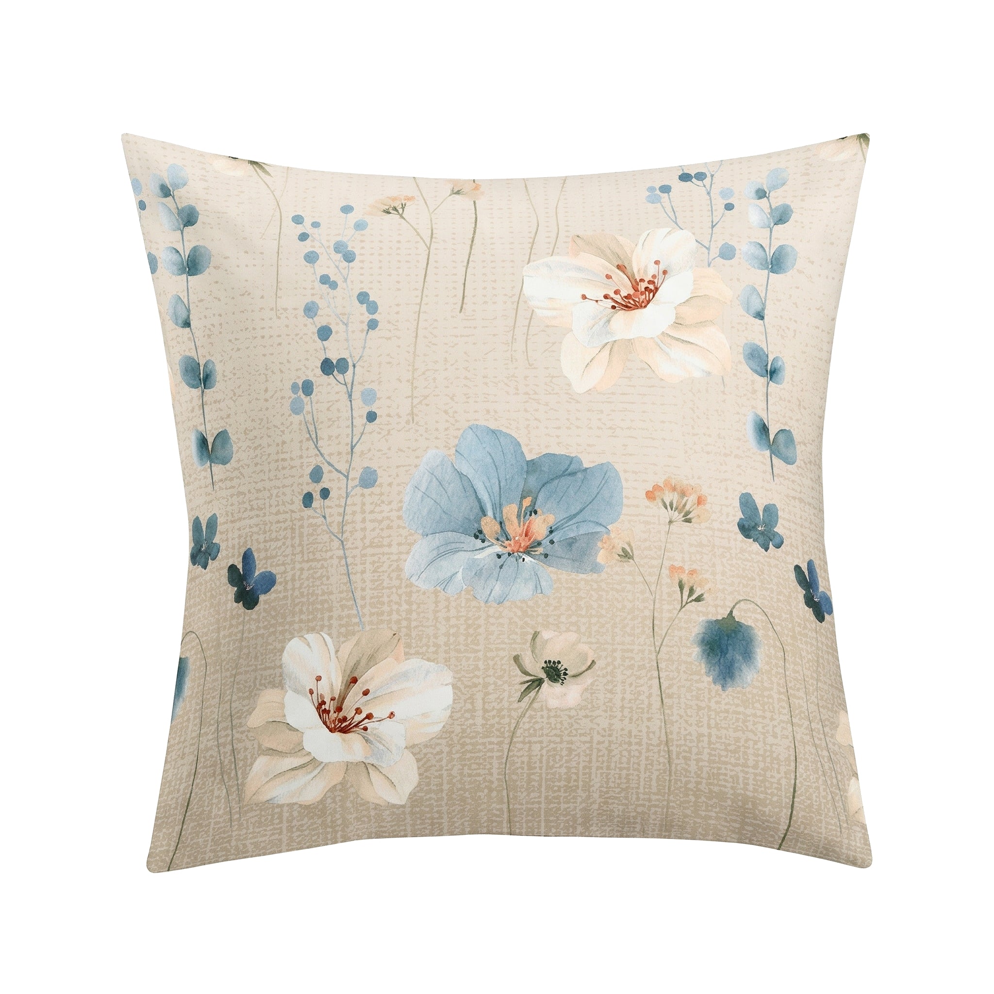 Beiger Kopfkissenüberzug mit zartem Blumenmuster in Blau und Weiß.