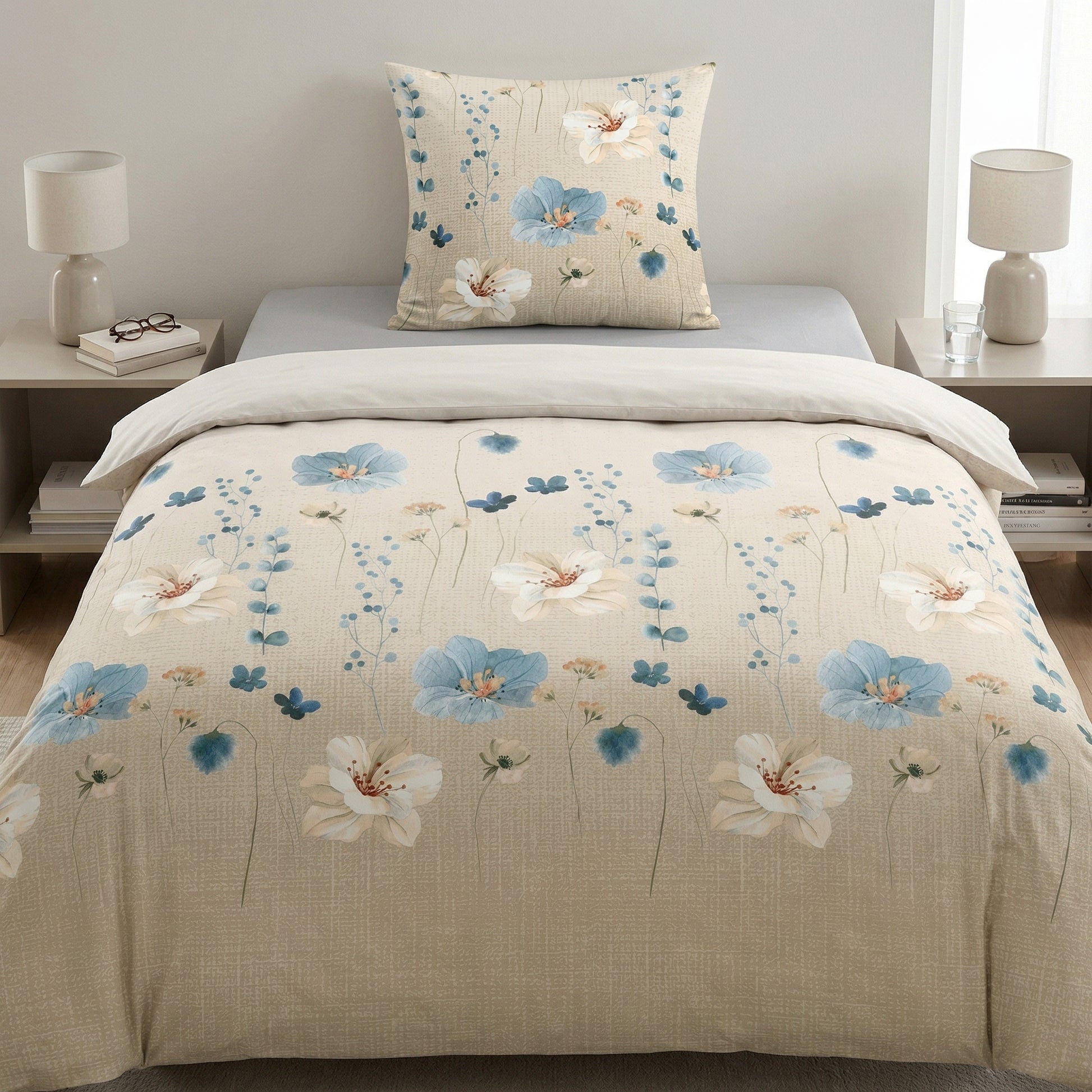 Beige Bettwäsche mit blauen und weißen Blumen im Schlafzimmer.