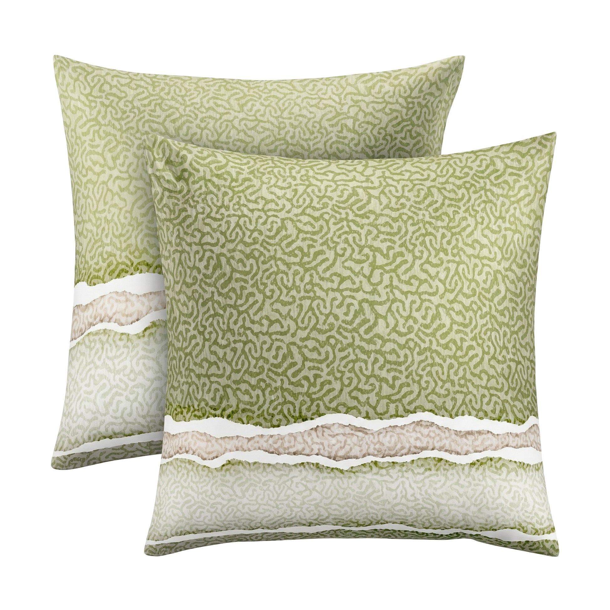 Grüner Kopfkissenüberzug mit abstraktem Muster und Zierstreifen.