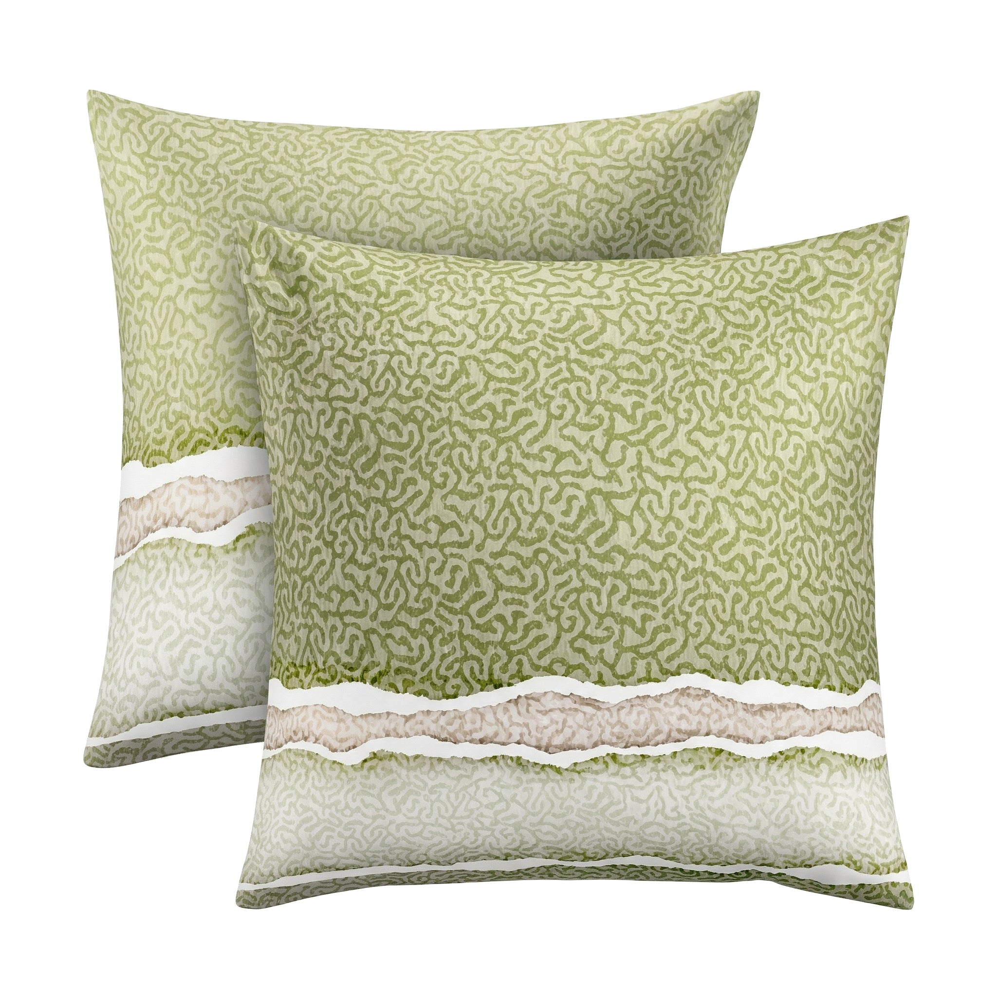 Grüner Kopfkissenüberzug mit abstraktem Muster und Zierstreifen.