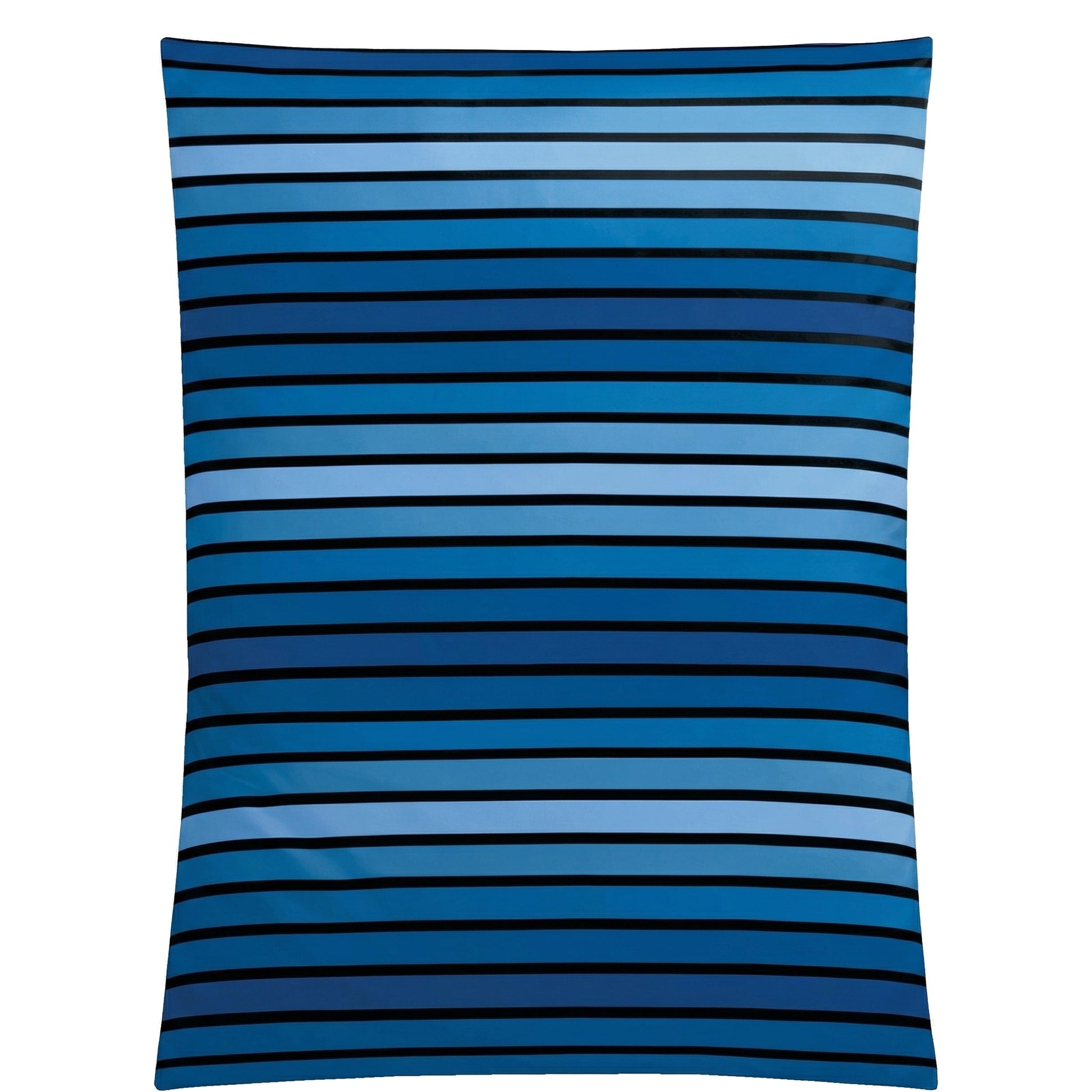 Blaue Bettwäsche mit feinen schwarzen Querstreifen.