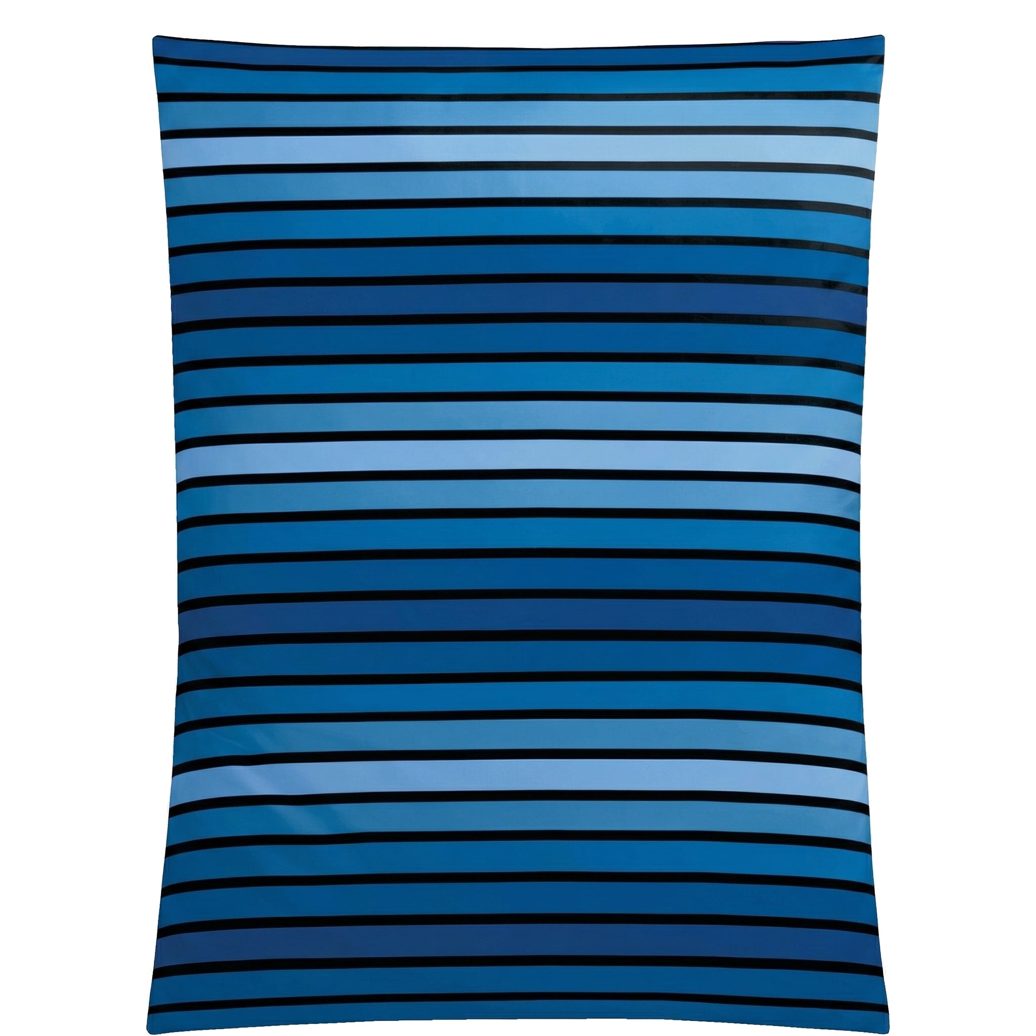 Blaue Bettwäsche mit feinen schwarzen Querstreifen.