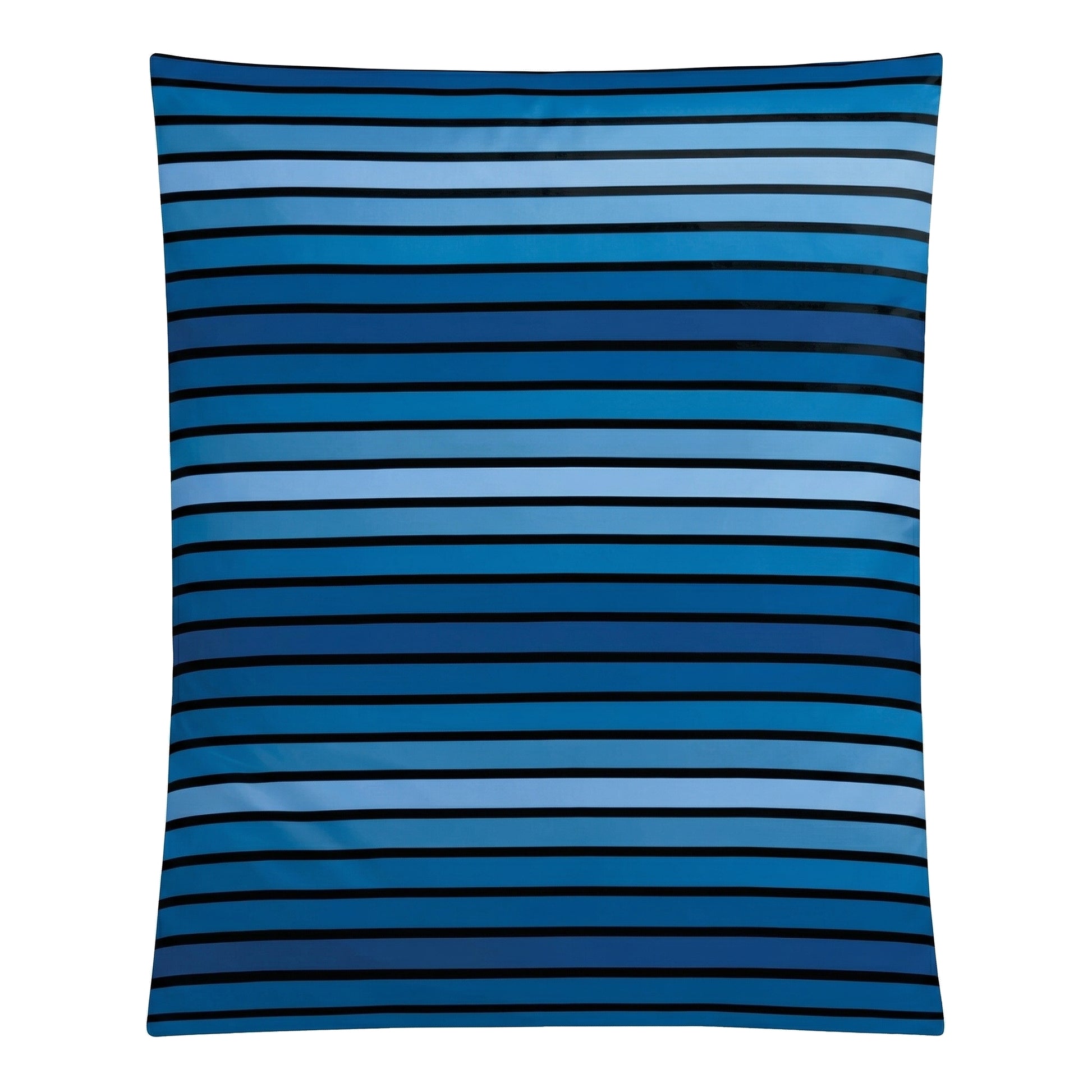 Blaue Bettwäsche mit schwarzen Querstreifen und Farbverlauf.