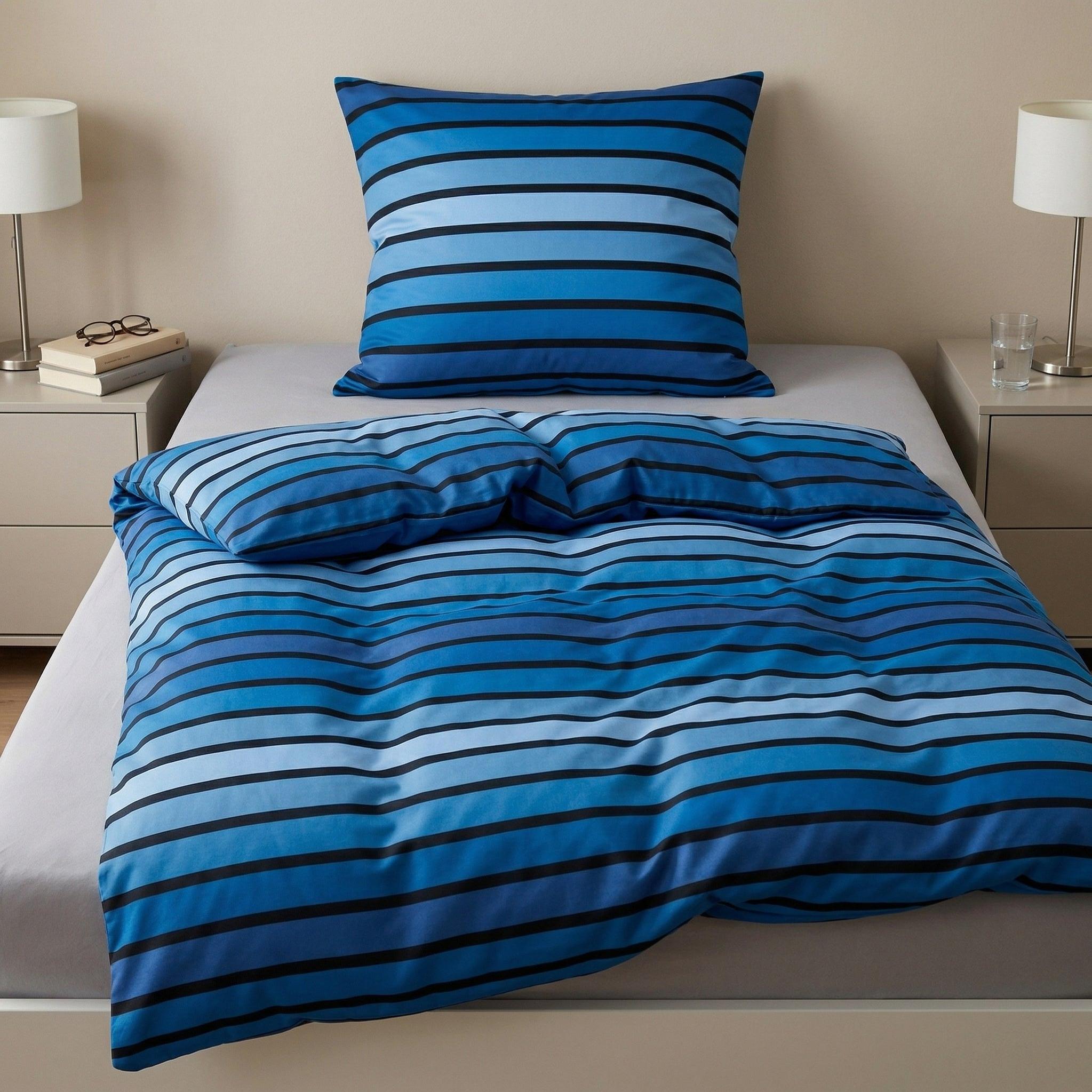 Blau gestreifte Bettwäsche auf einem modernen, schlichtem Bett.