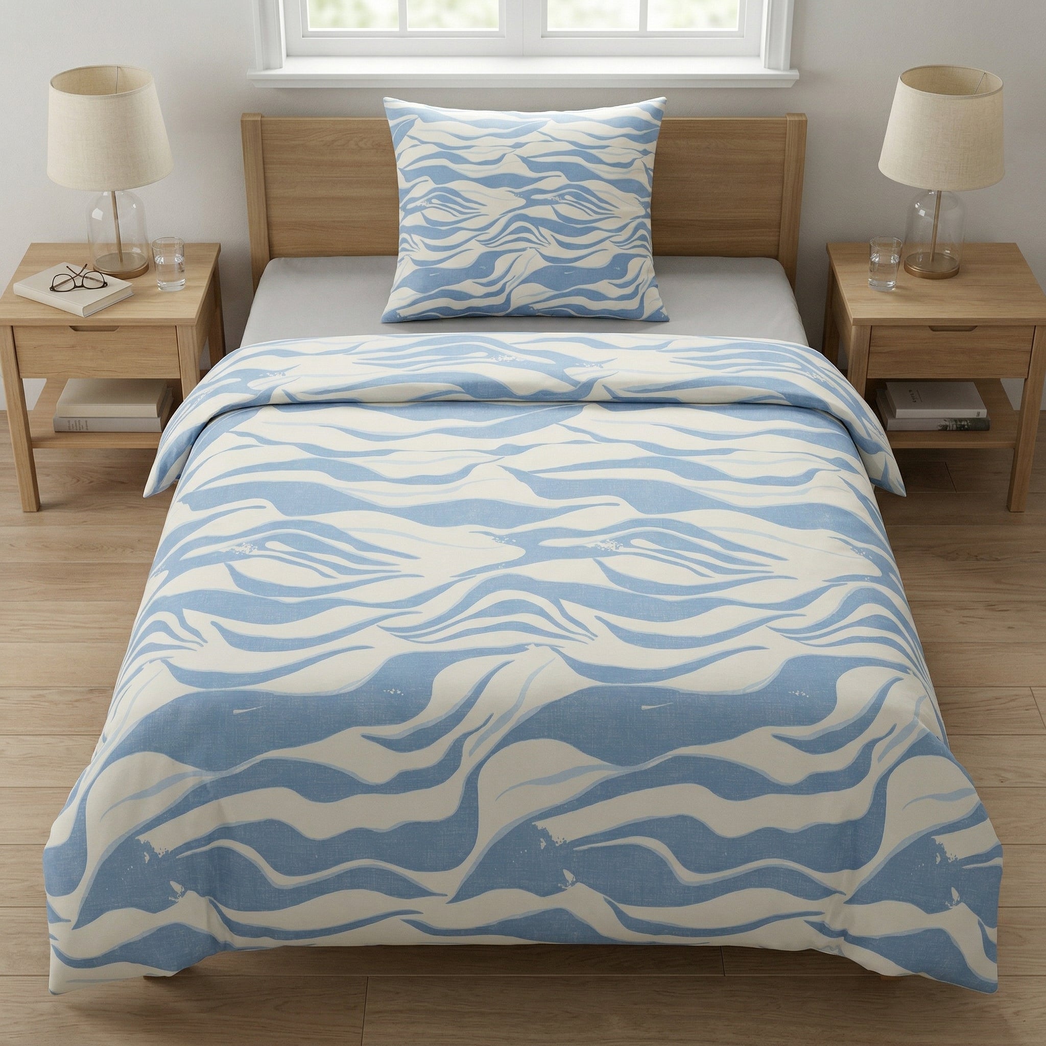 Blaue Bettwäsche mit weißem Wellenmuster auf gemachtem Bett.