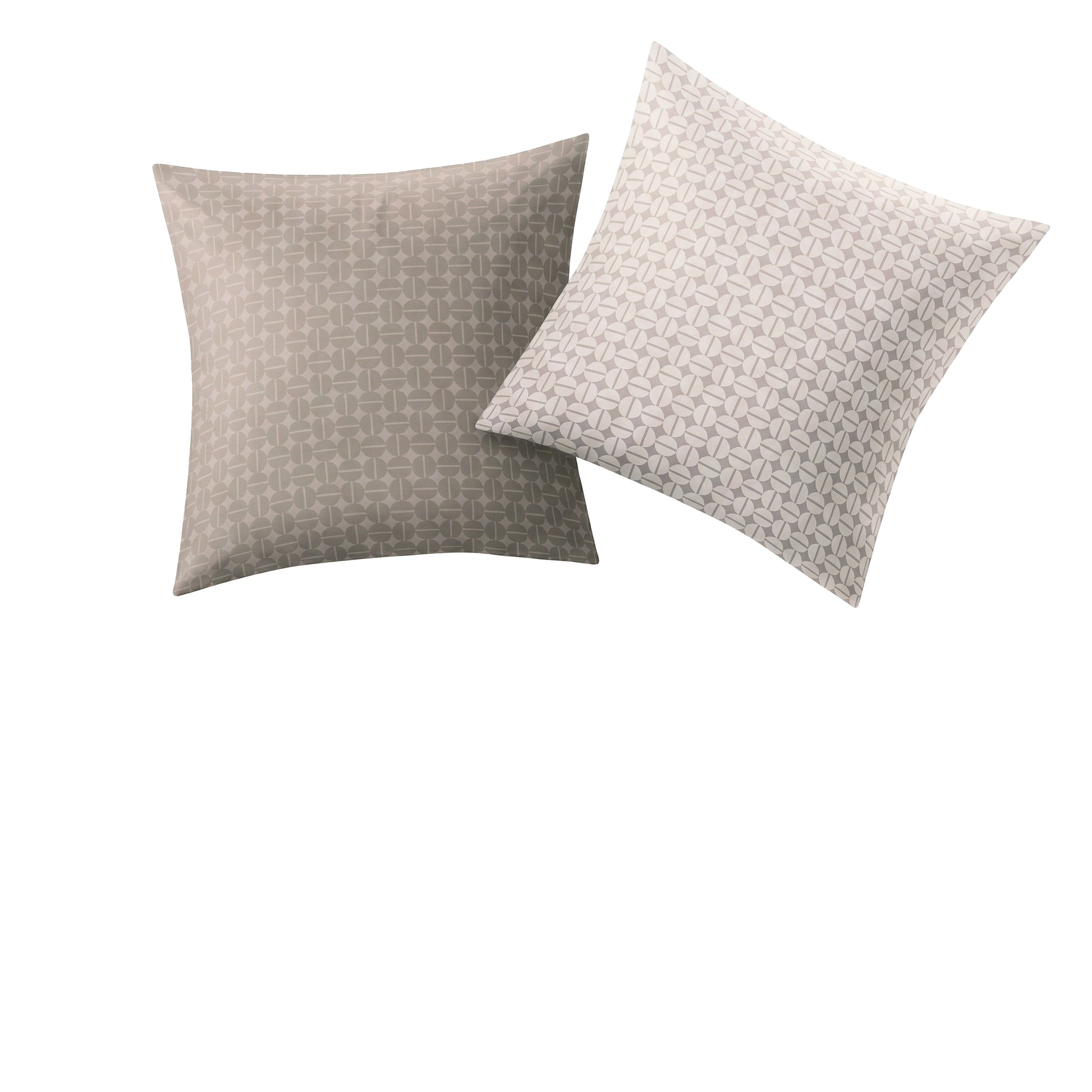 Beiger Kopfkissenüberzug mit geometrischem Kreismuster.