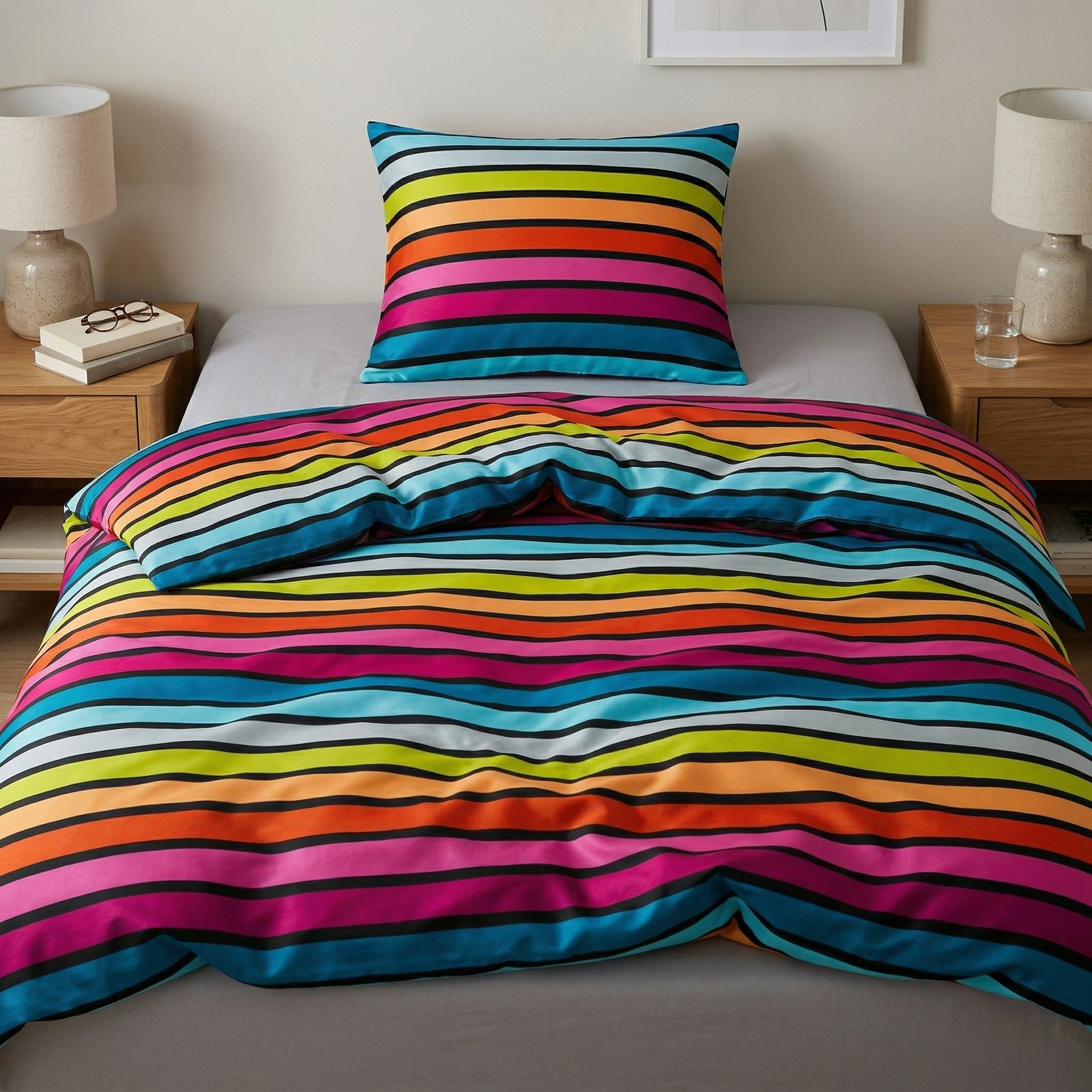 Bunte Streifen-Bettwäsche auf Bett zwischen Nachttischen mit Lampen.