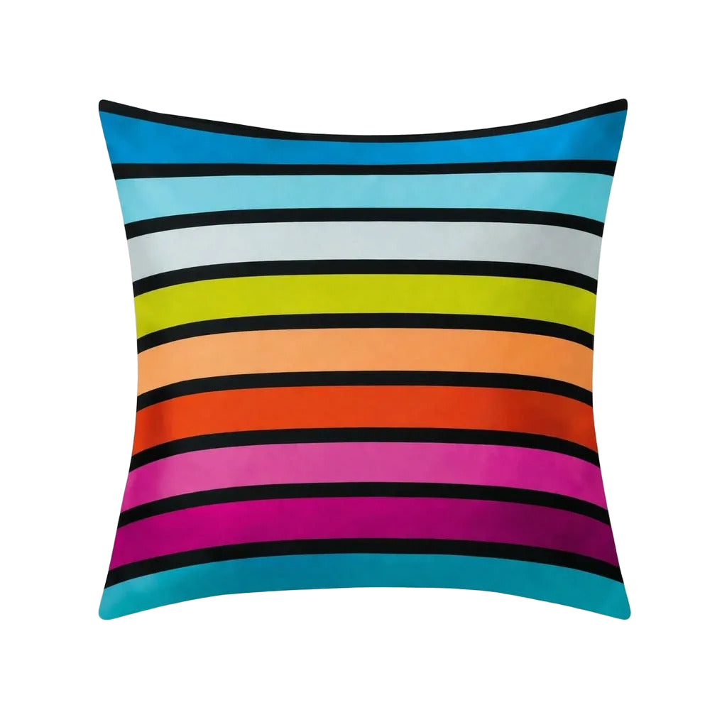 Bunter Kopfkissenüberzug mit horizontalen Streifen in Regenbogenfarben.
