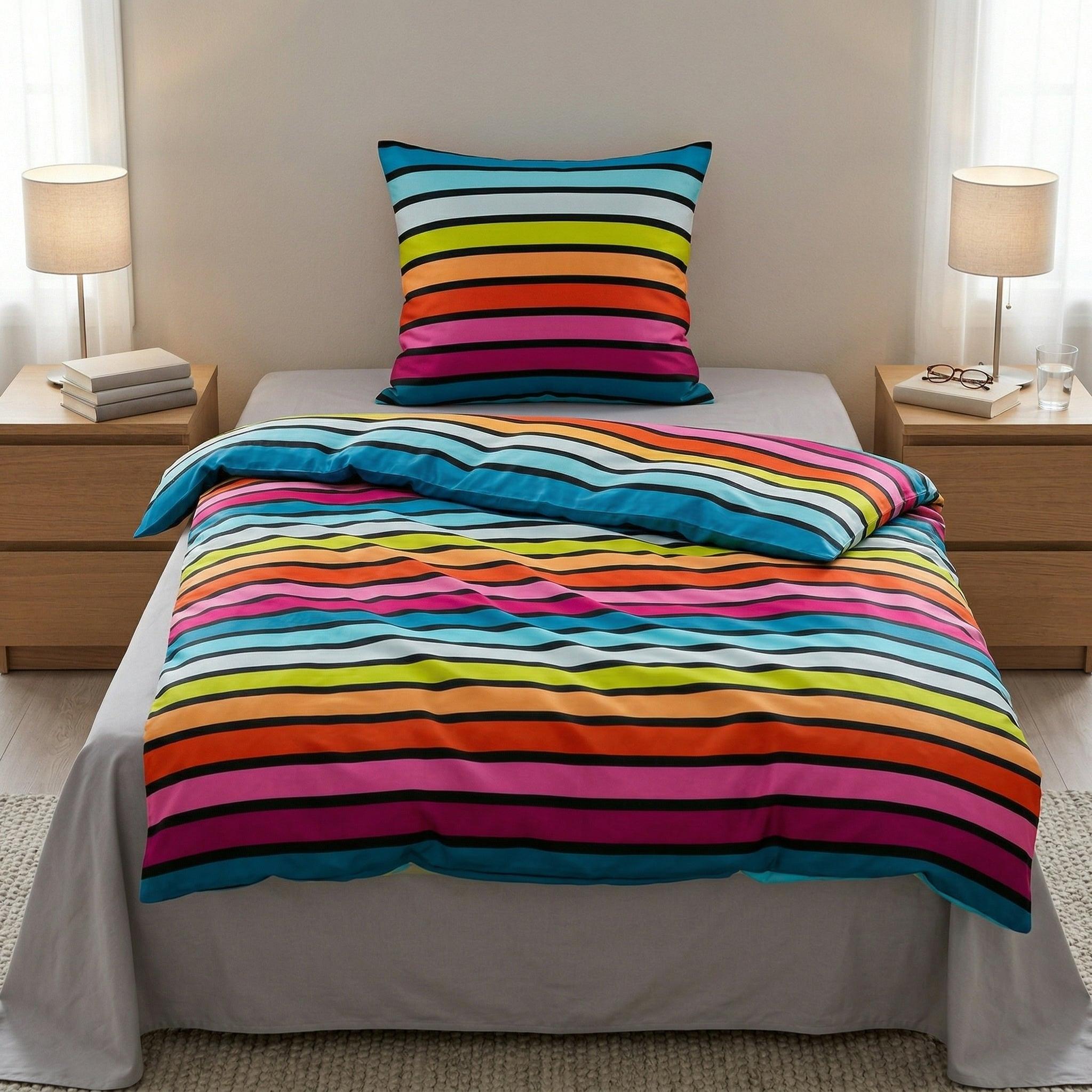 Bunte Bettwäsche mit Streifenmuster auf modern gemachtem Bett.