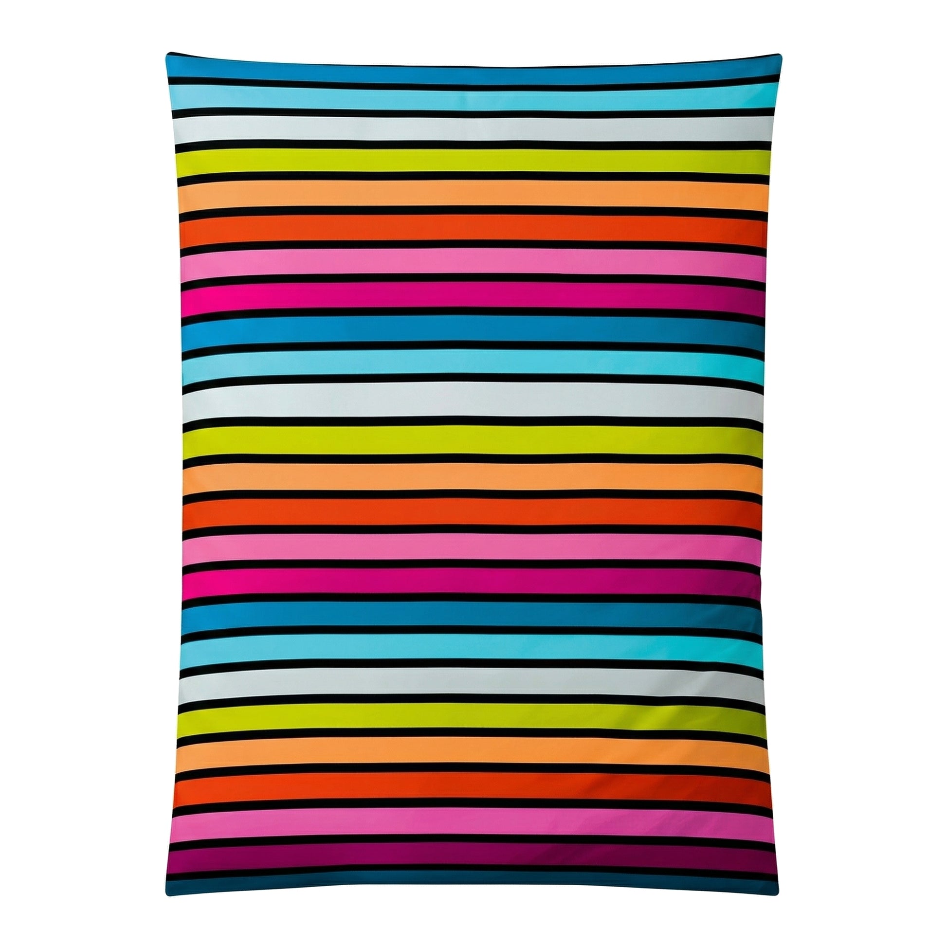 Bettwäsche mit bunten Querstreifen in Pink, Blau, Orange und Gelb.