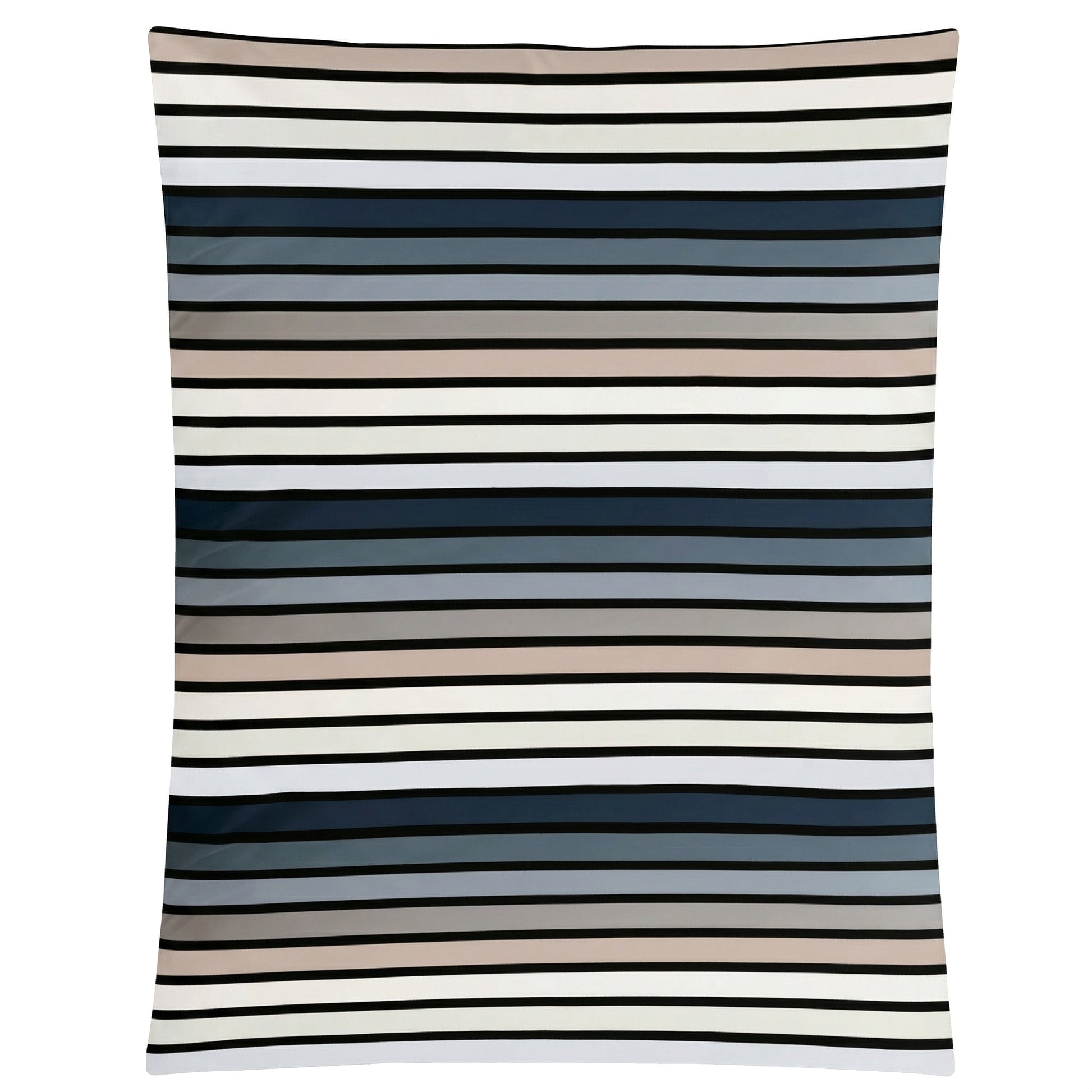Bettwäsche mit Streifenmuster in Weiß, Grau, Beige und Dunkelblau.