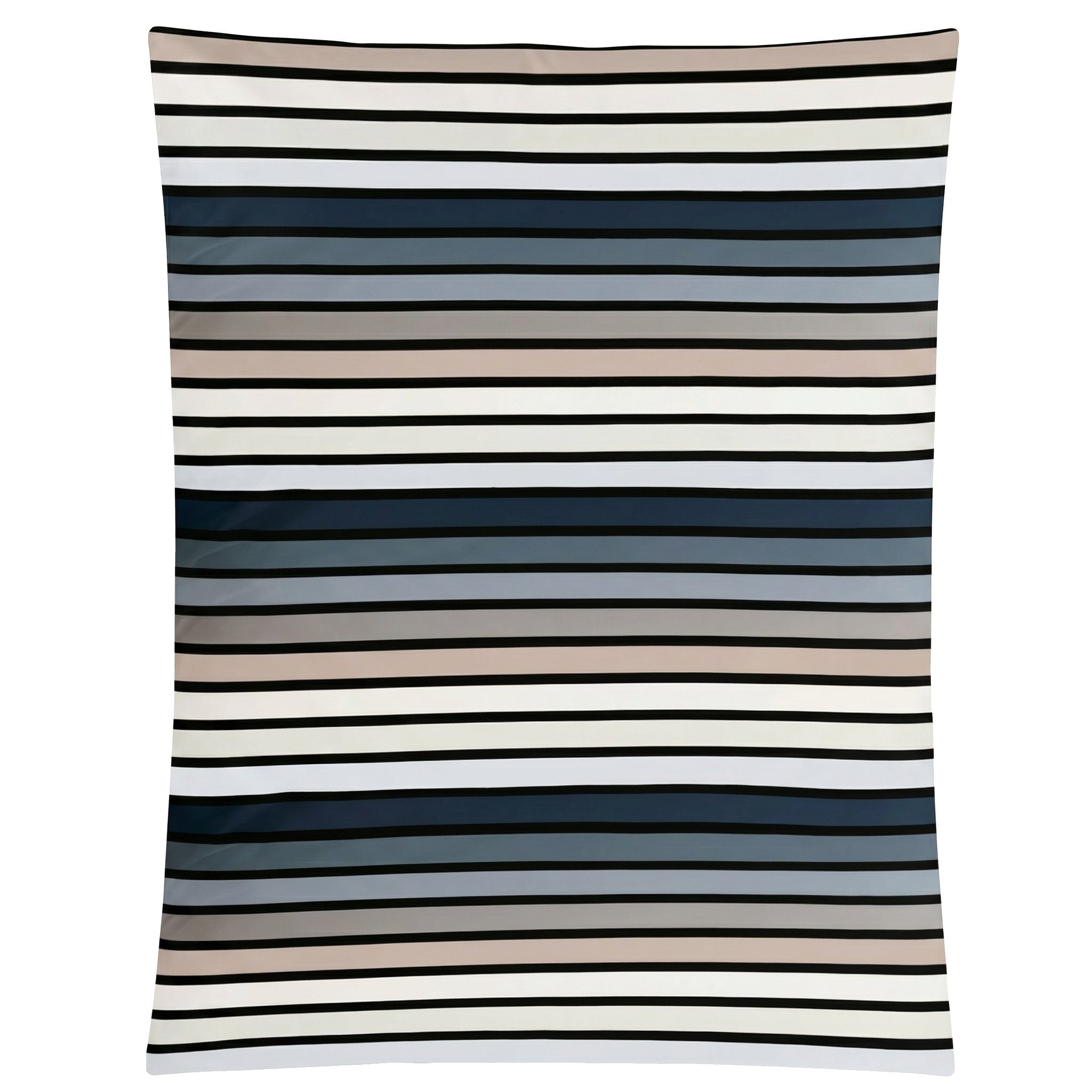 Bettwäsche mit Streifenmuster in Weiß, Grau, Beige und Dunkelblau.