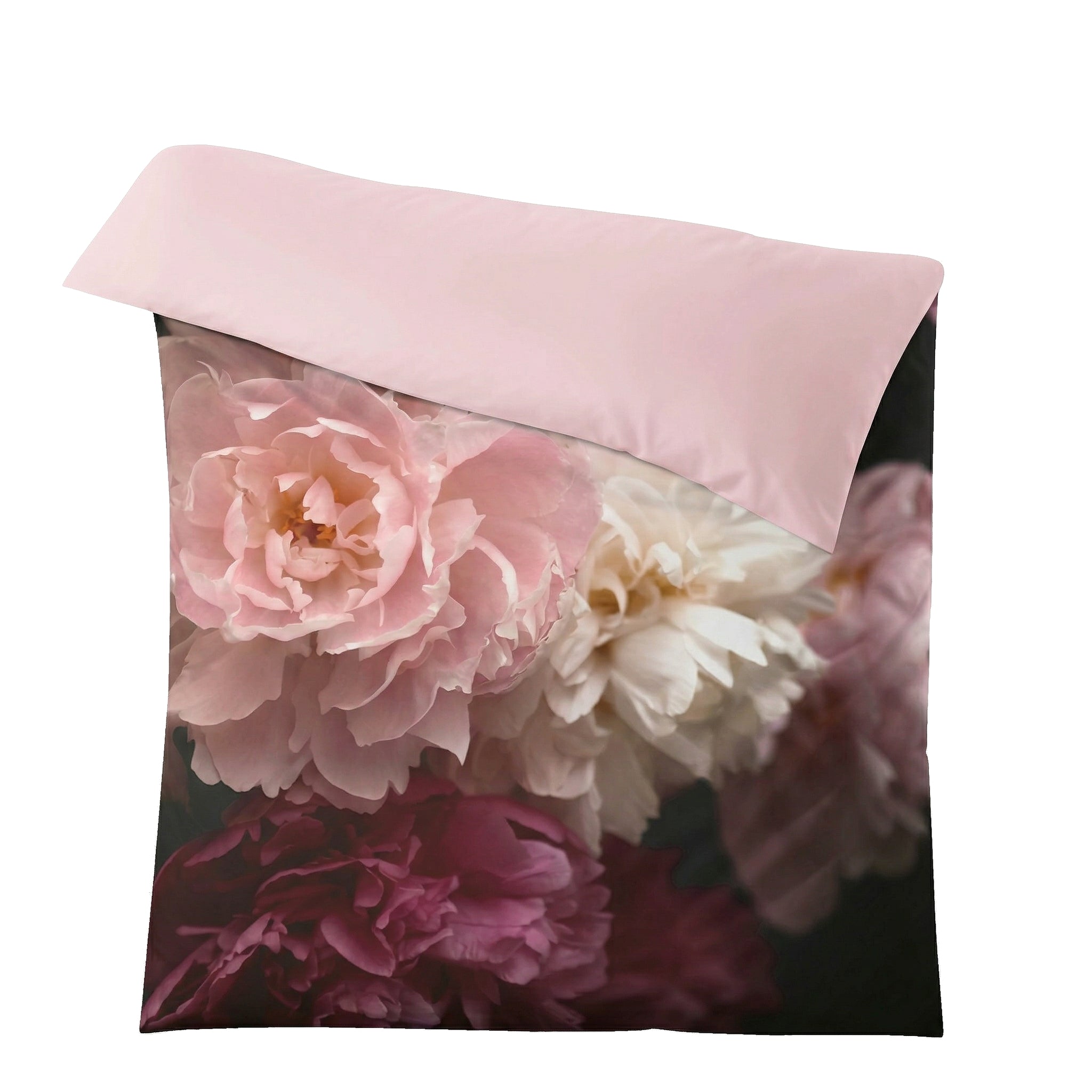 Rosa Bettwäsche mit großem Blütenmotiv in zarten Pastelltönen.