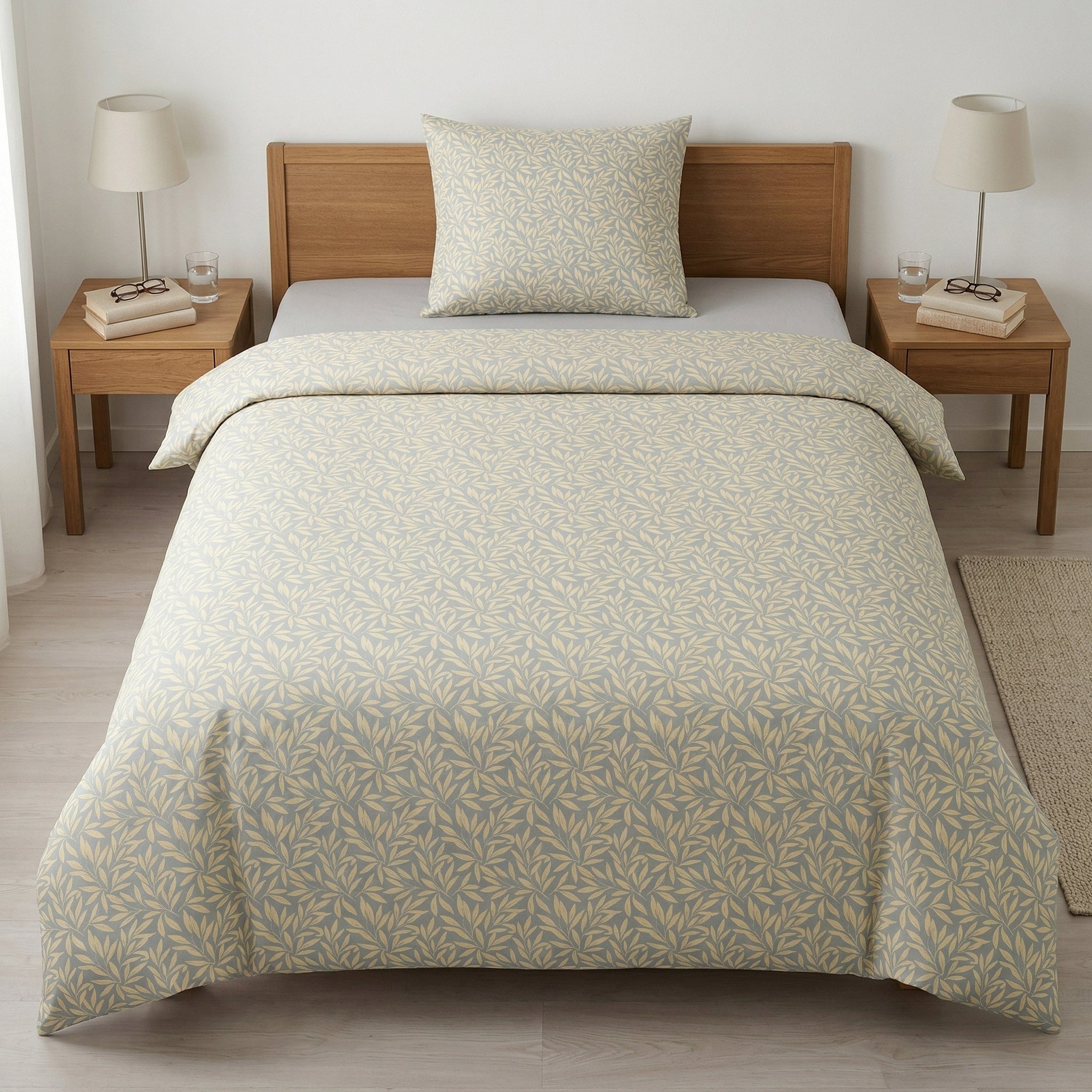 Bettwäsche mit floralem Muster in Beige und Blau im Schlafzimmer.