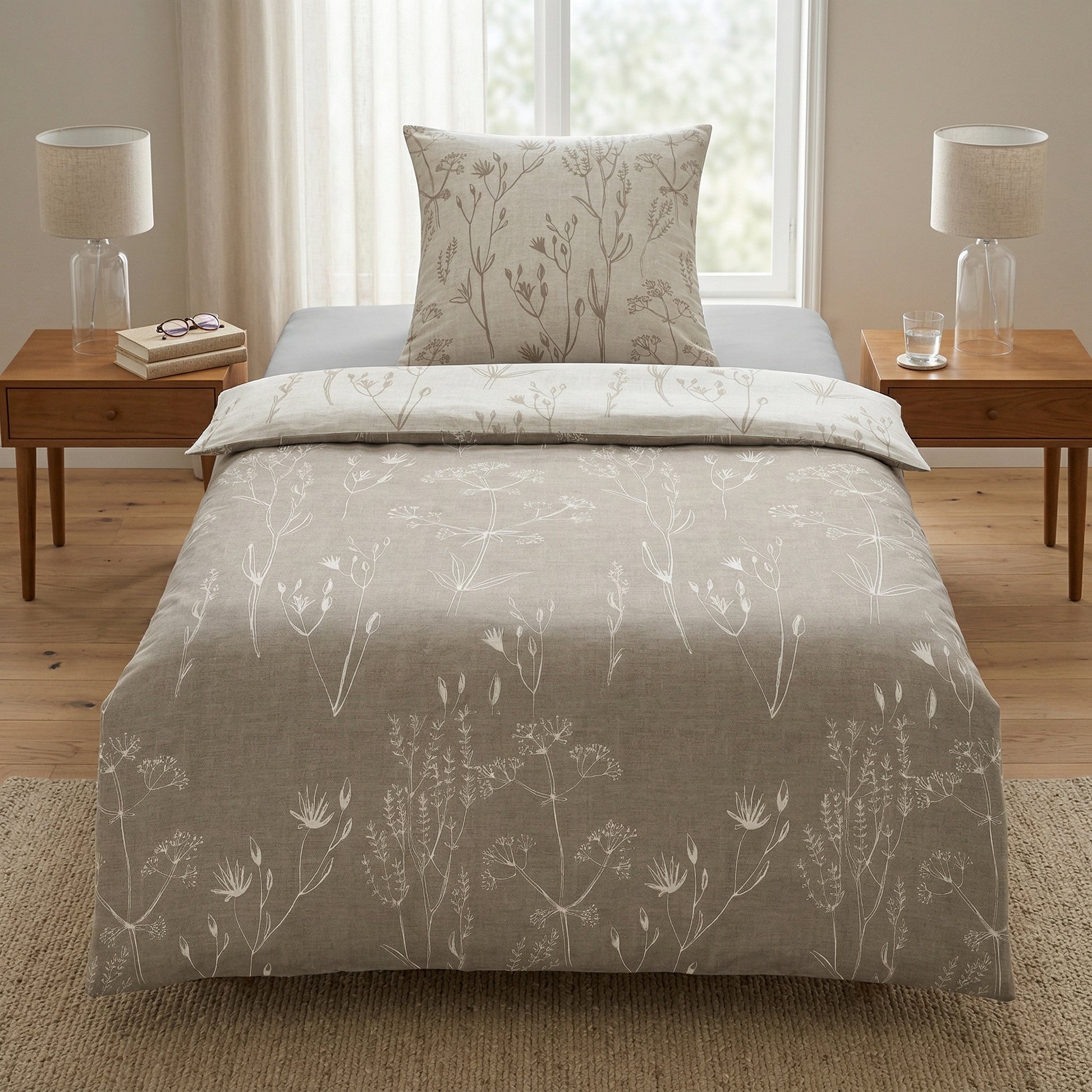 Beige Bettwäsche mit floralen Mustern in stilvollem Schlafzimmer.