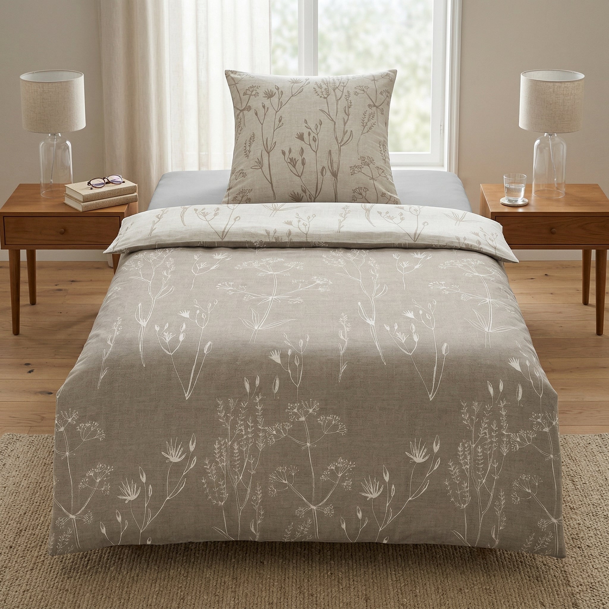 Beige Bettwäsche mit floralen Mustern in stilvollem Schlafzimmer.