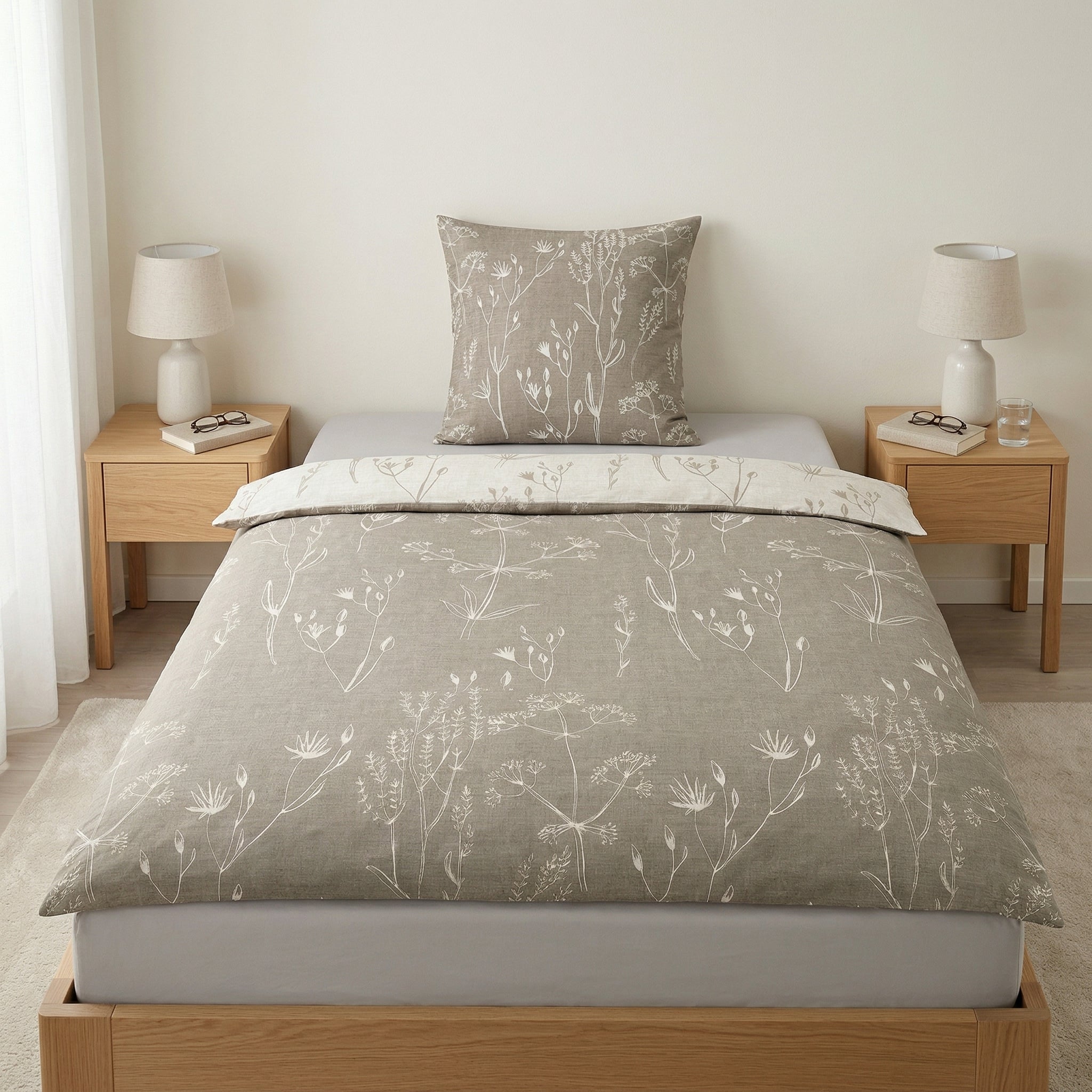 Beige Bettwäsche mit weißem Blumenmuster in hellem Schlafzimmer.