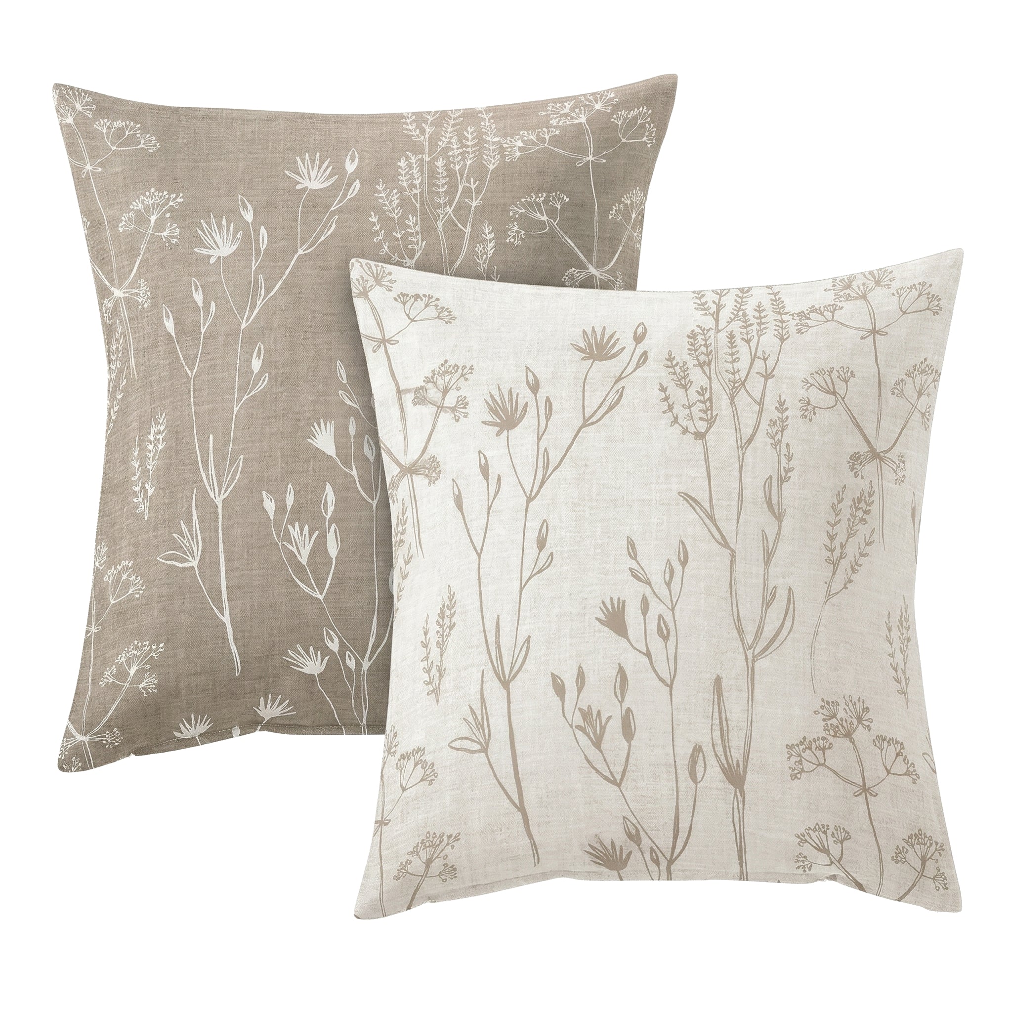Beiger Kopfkissenüberzug mit filigranem floralem Wiesenmuster.