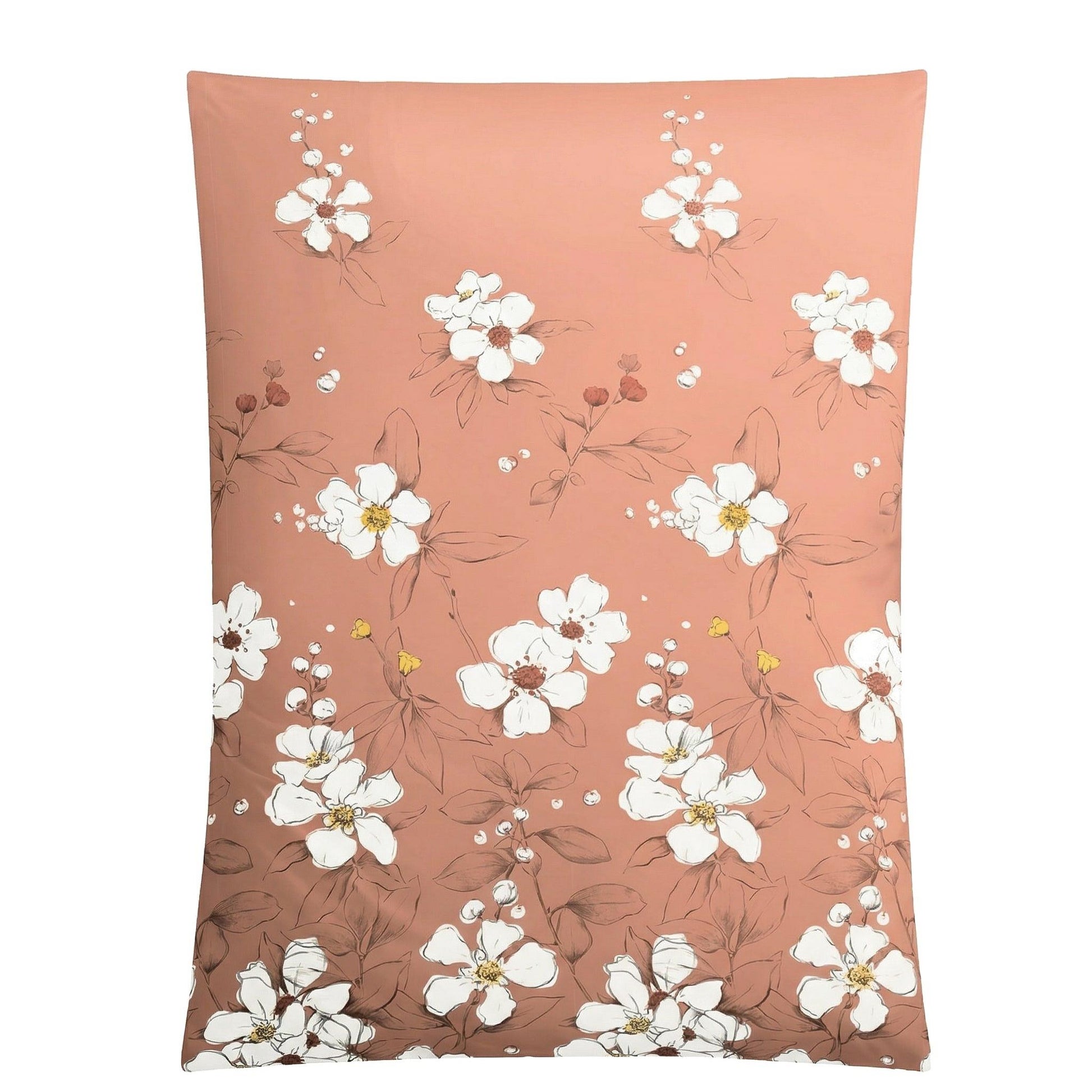 Apricotfarbene Bettwäsche mit weißen Blüten und zartem Floralprint.