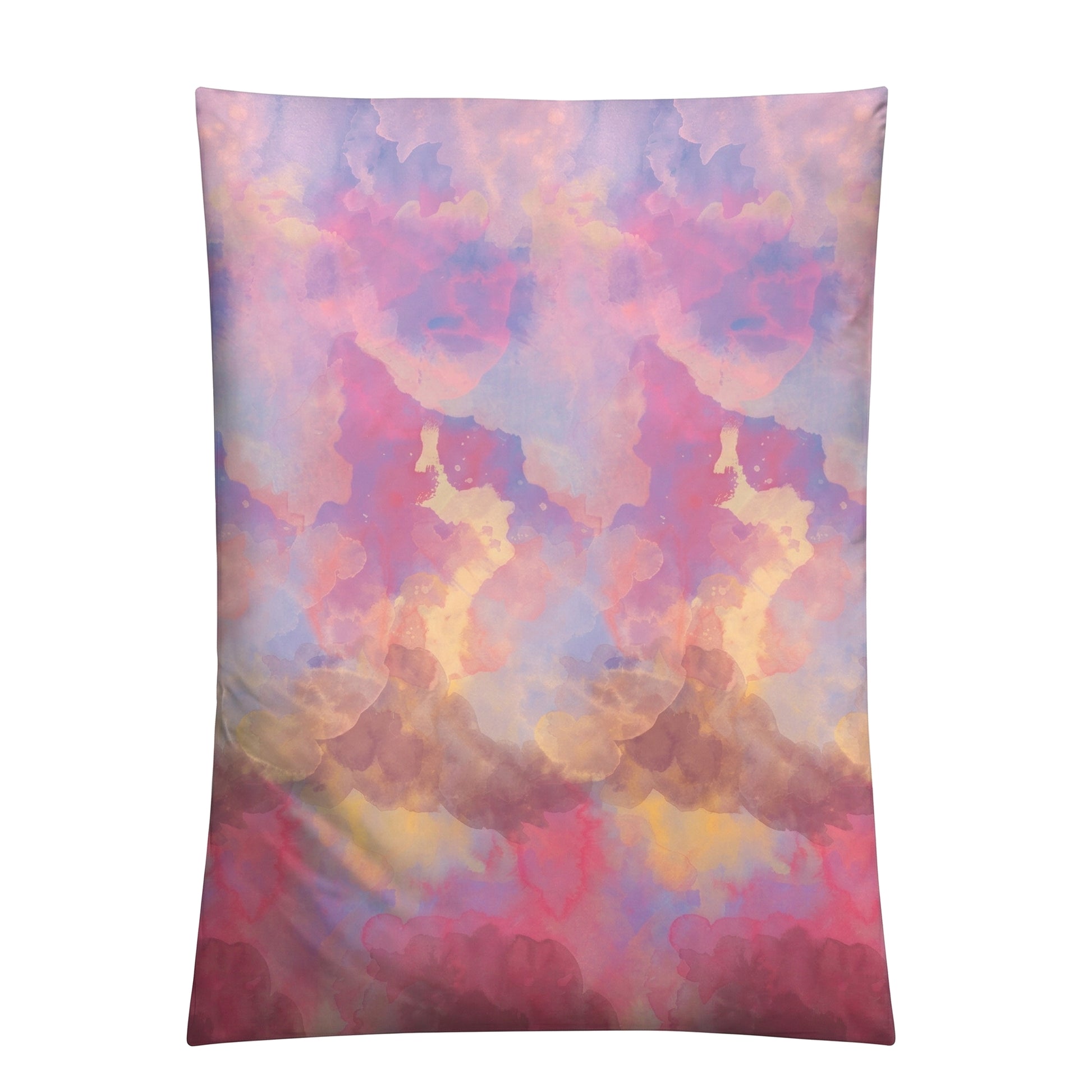 Bettwäsche mit pastelligem Aquarellmuster in Rosa, Lila und Gelb.