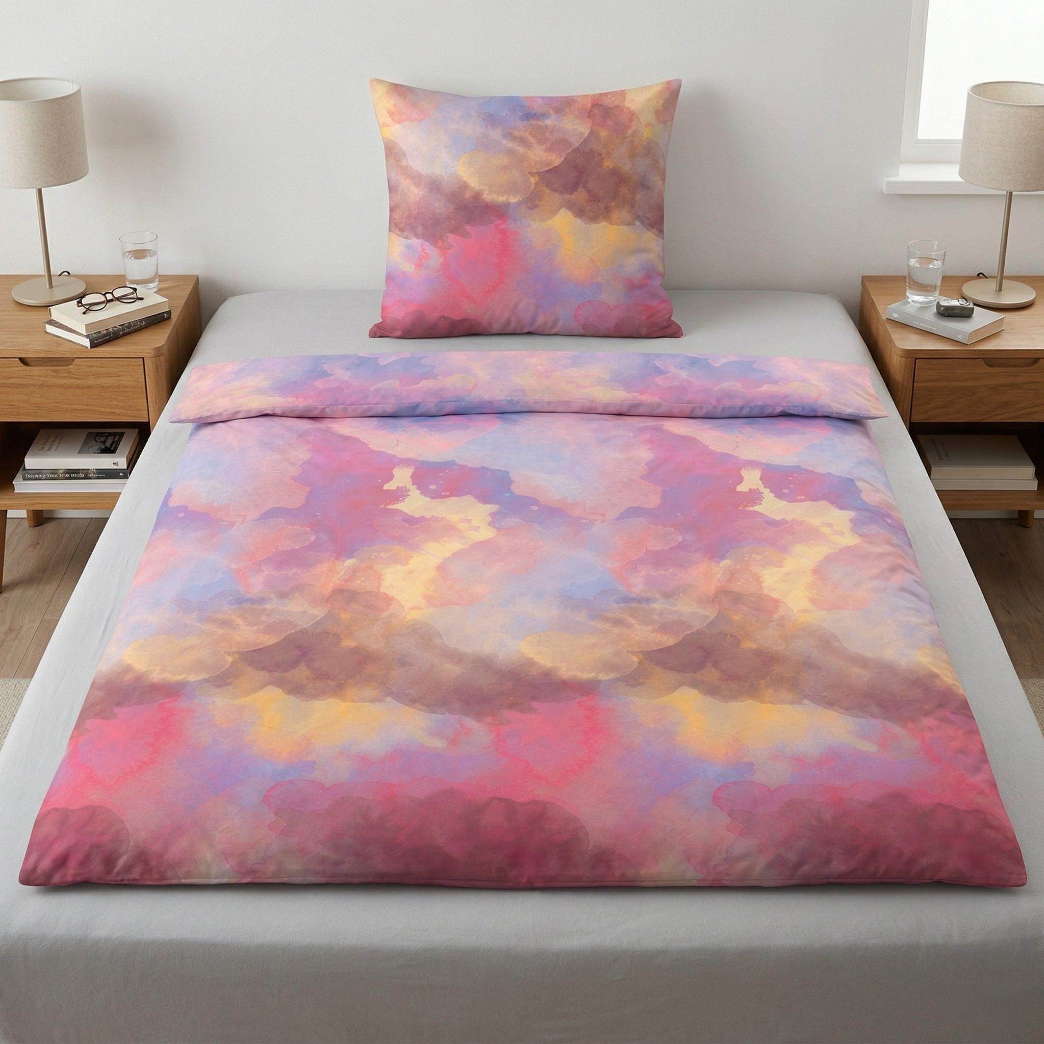 Bettwäsche mit Aquarellwolken in Rosa und Violett im Schlafzimmer