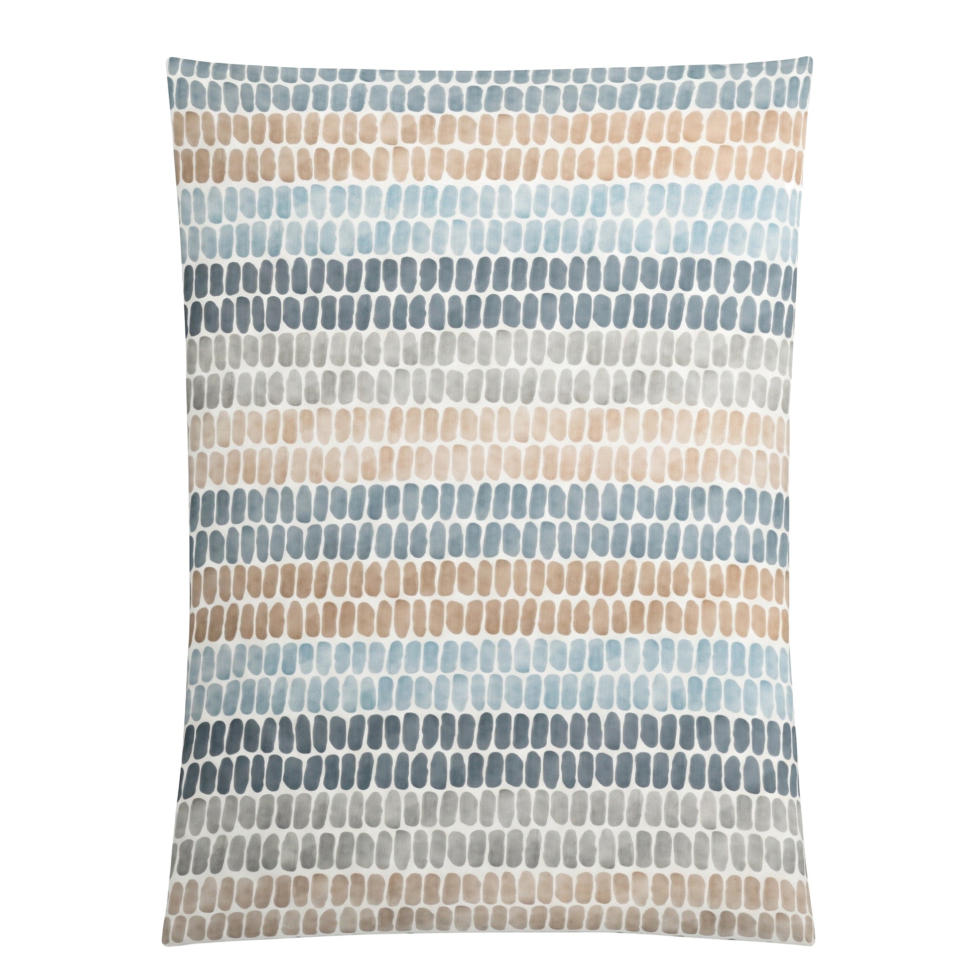 Bettwäsche mit Streifenmuster aus blauen, beigen und grauen Ovalen.