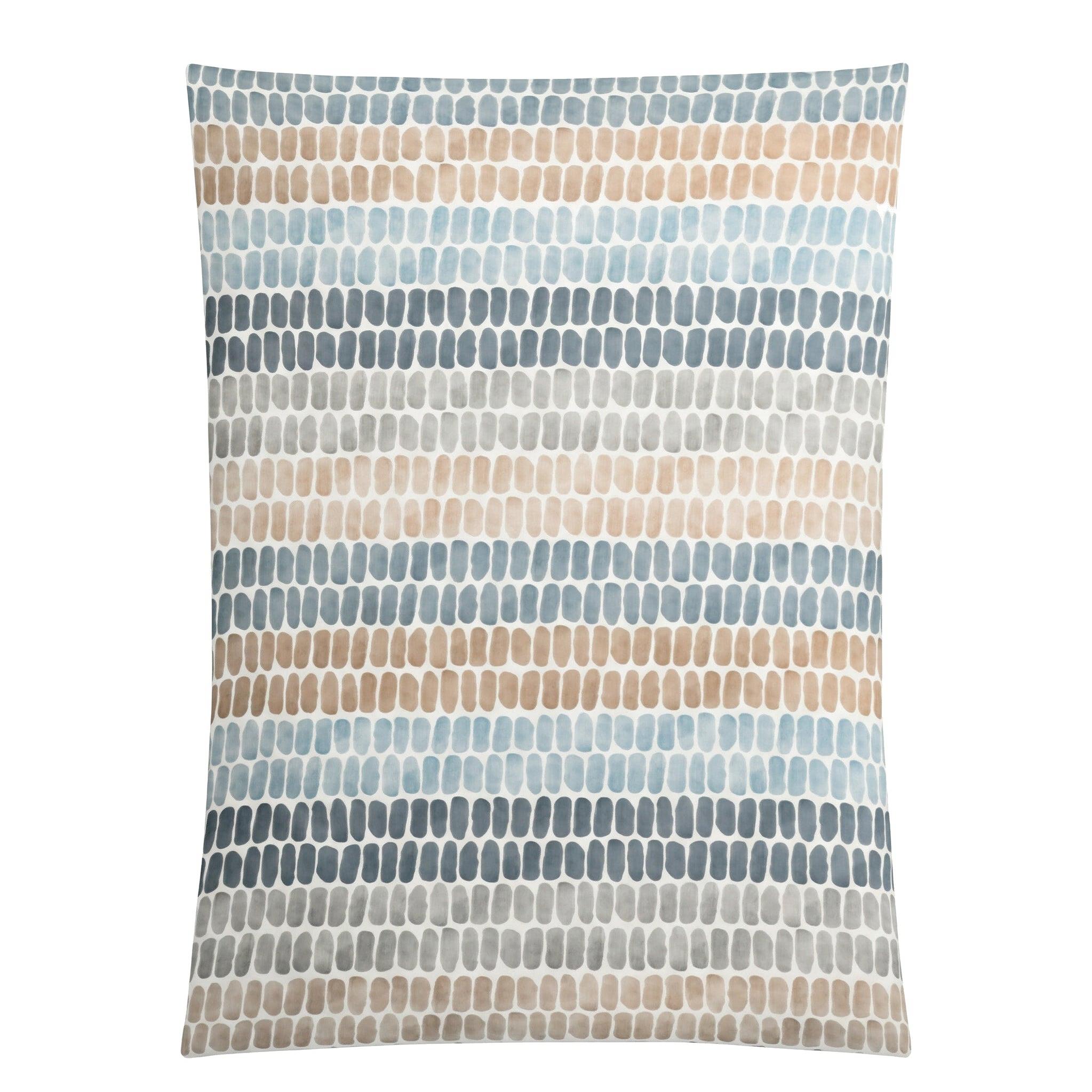 Bettwäsche mit Streifenmuster aus blauen, beigen und grauen Ovalen.