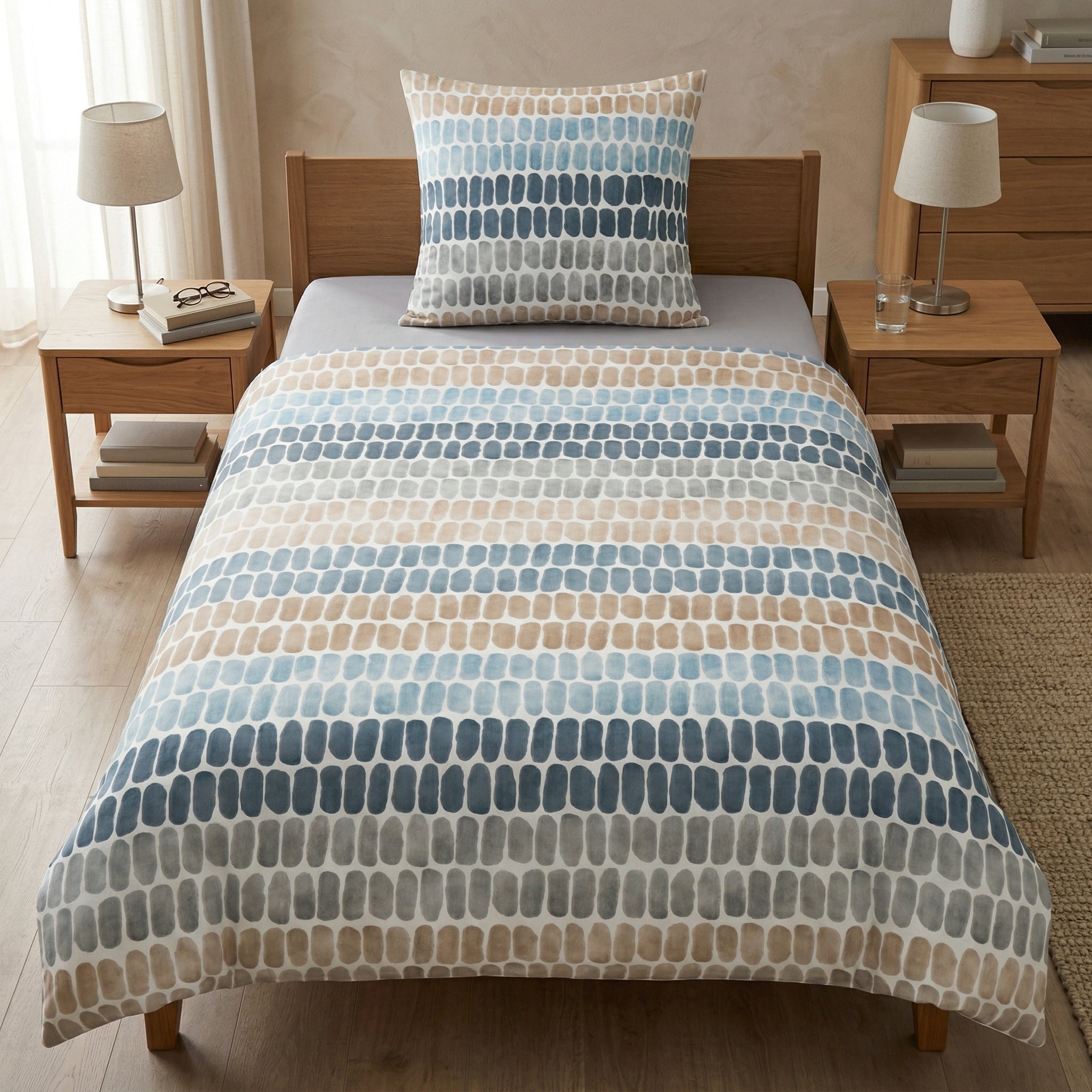 Gestreifte Bettwäsche in Blau, Grau und Beige auf Holzbett.