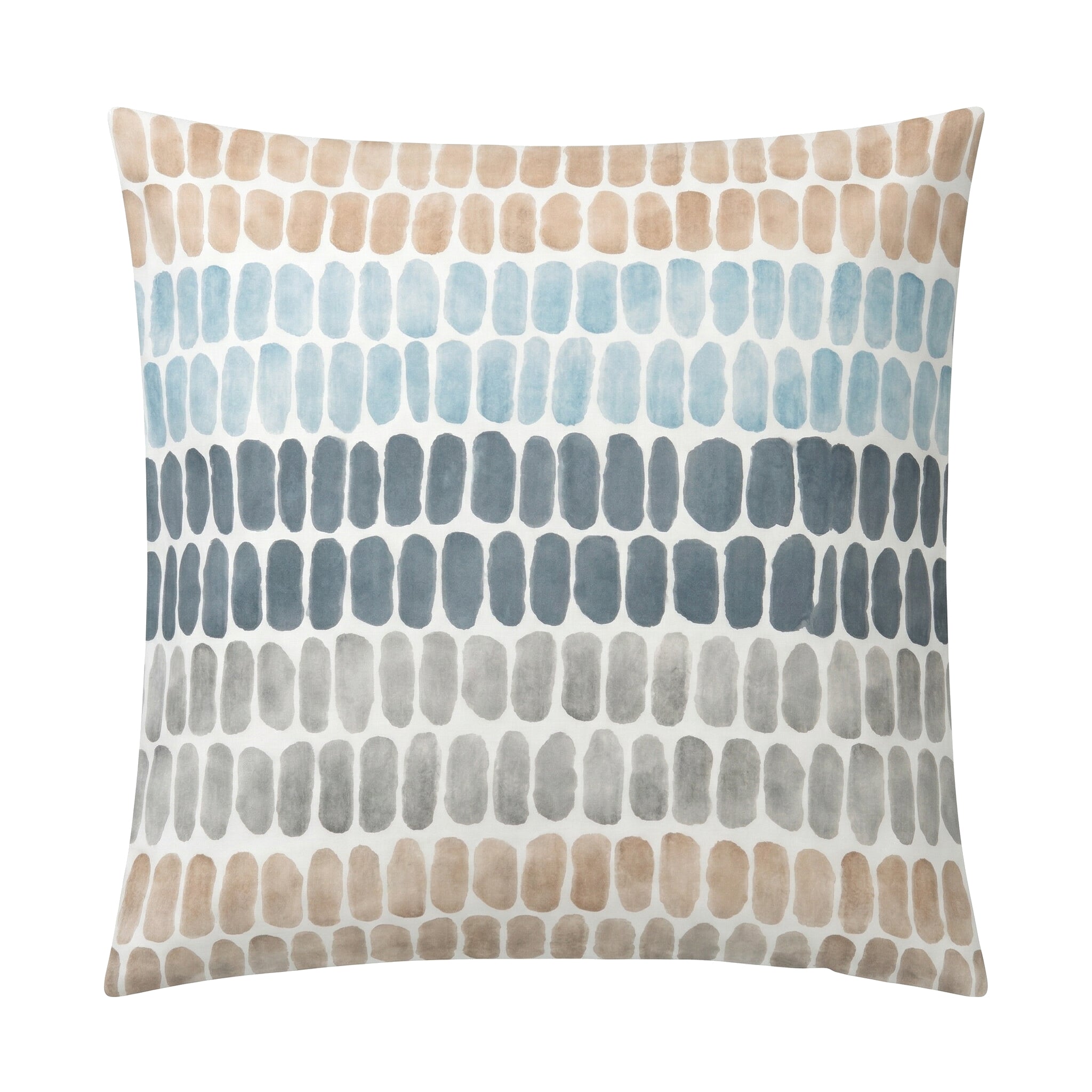 Weißer Kopfkissenüberzug mit Aquarell-Streifen in Blau und Beige.