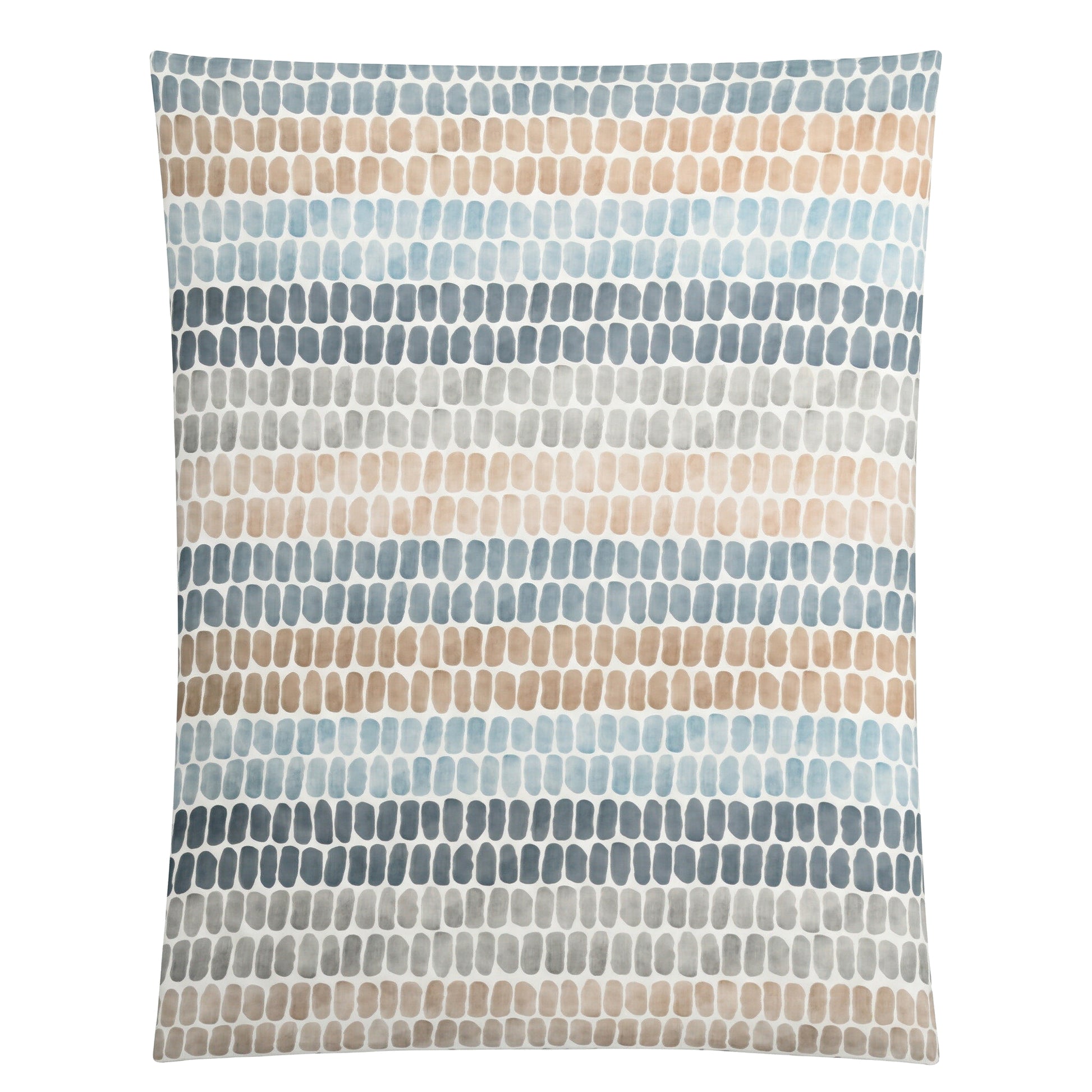 Bettwäsche mit Reihenmuster in Blau, Grau und Beige.