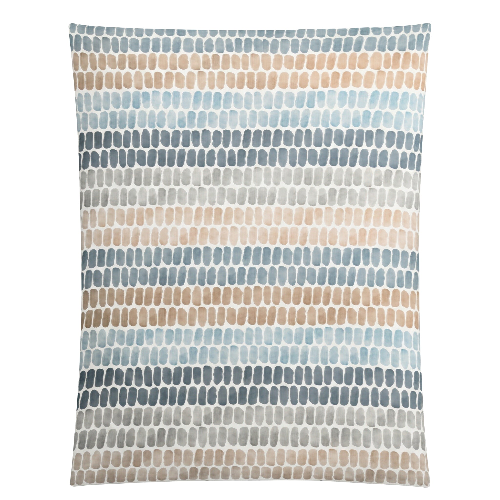 Bettwäsche mit Reihenmuster in Blau, Grau und Beige.