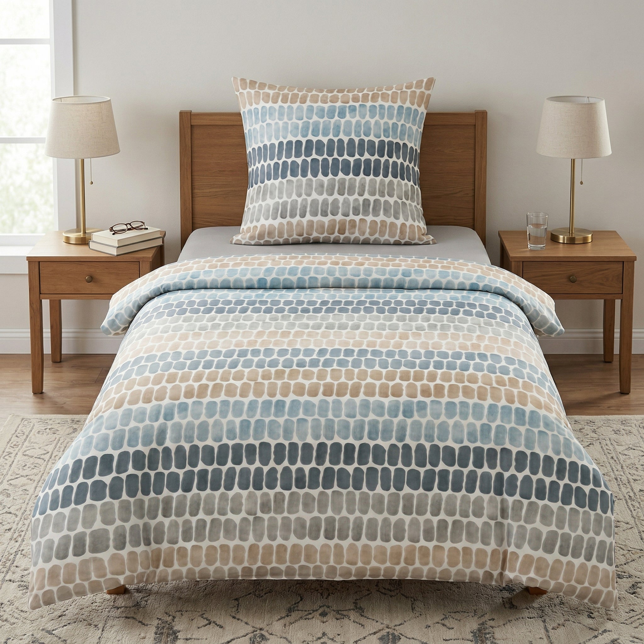 Bettwäsche mit blau-beigem Muster auf Einzelbett im Schlafzimmer.