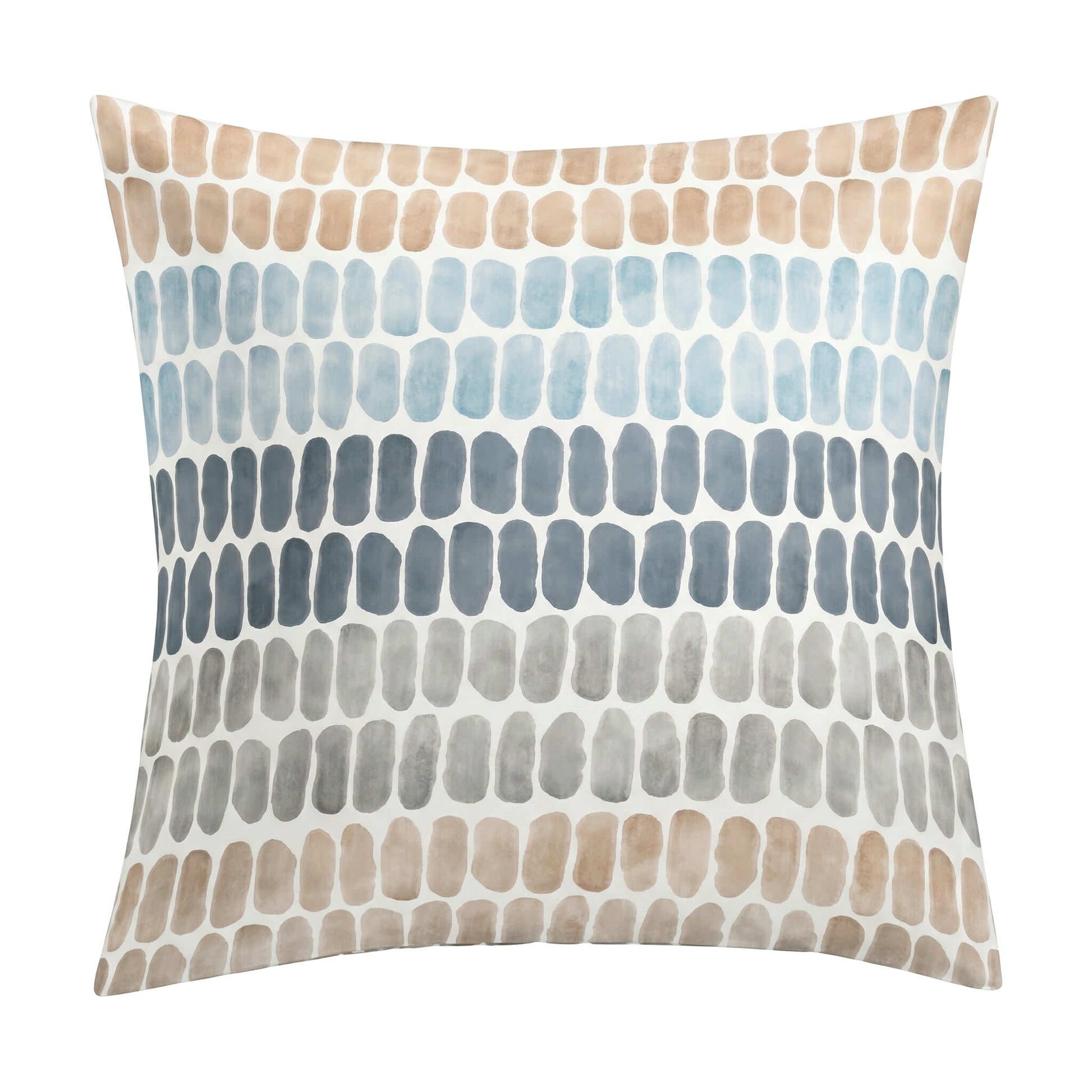 Weißer Kopfkissenüberzug mit Aquarellstreifen in Blau und Beige.