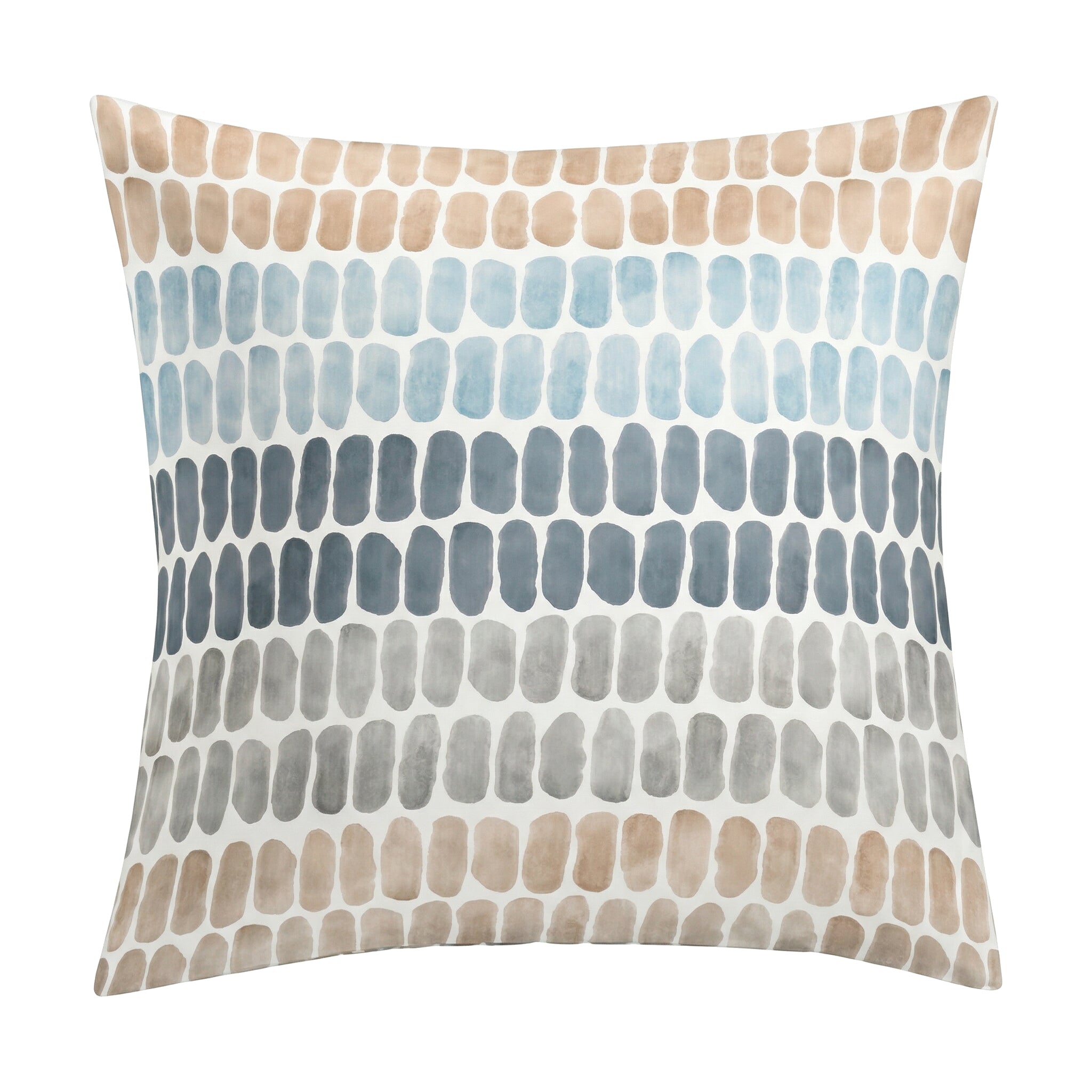 Weißer Kopfkissenüberzug mit Aquarellstreifen in Blau und Beige.