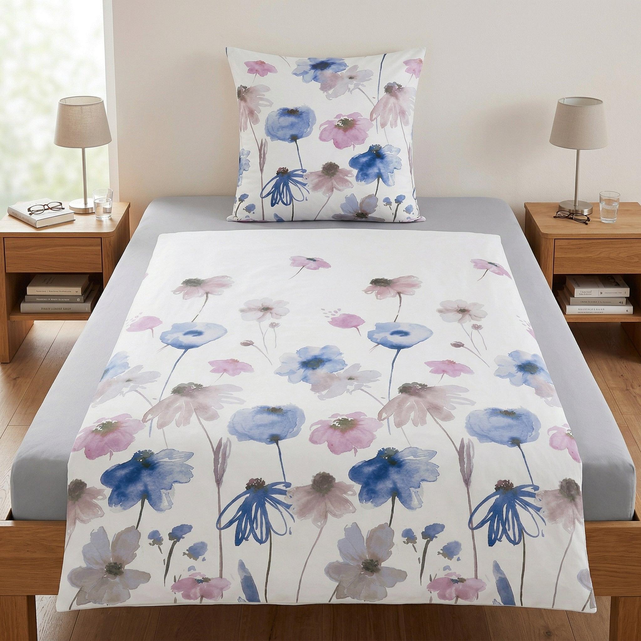 Weiße Bettwäsche mit floralem Muster in Blau und Rosa.