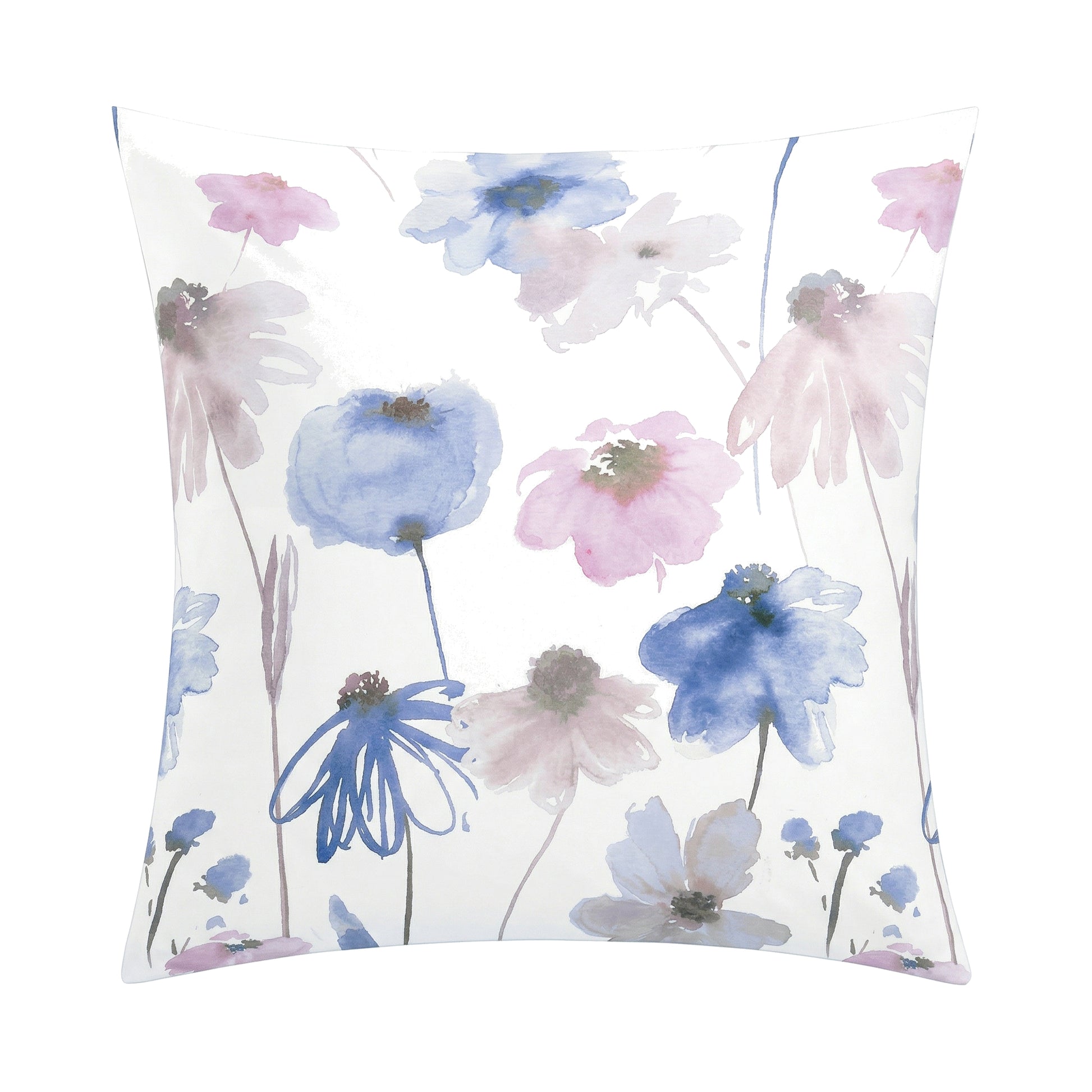 Weißer Kopfkissenüberzug mit Aquarellblumen in Blau und Rosa.