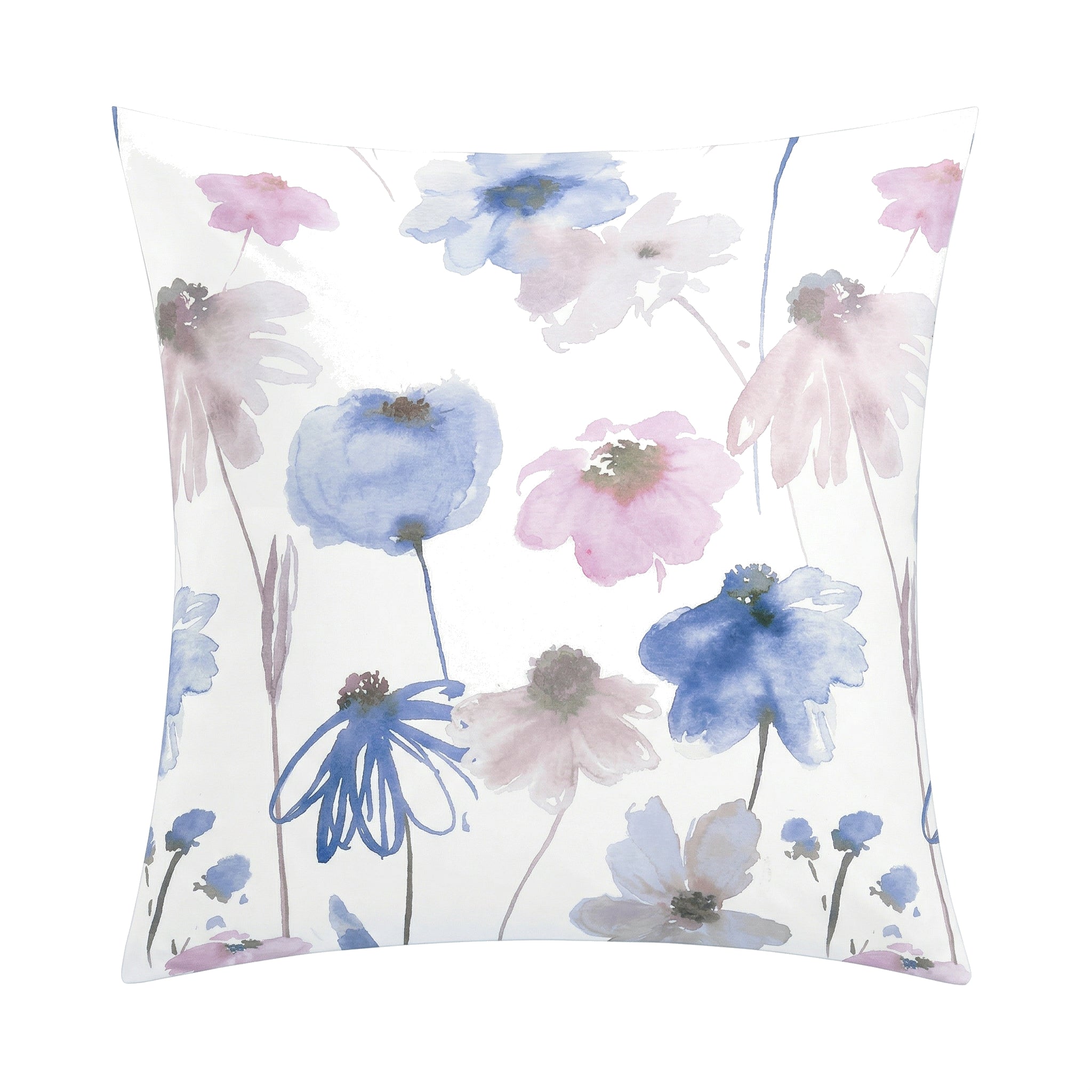 Weißer Kopfkissenüberzug mit Aquarellblumen in Blau und Rosa.