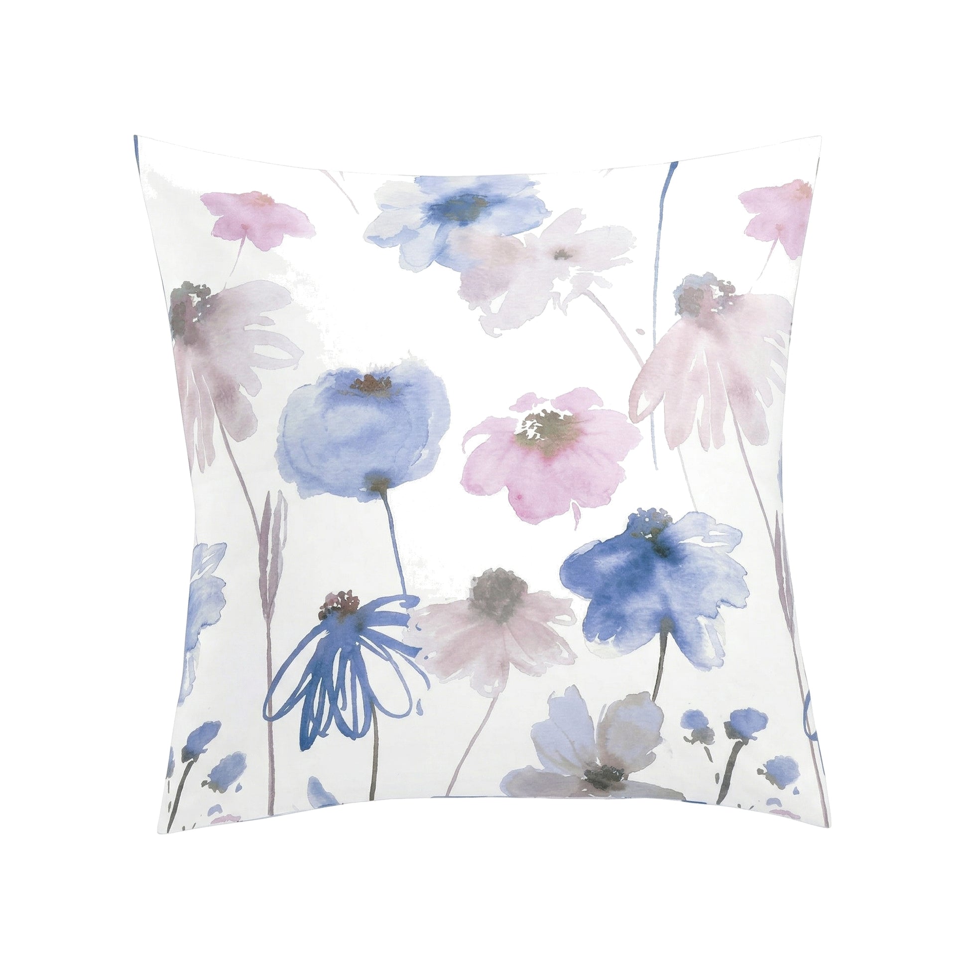 Weißer Kopfkissenüberzug mit Blumenmuster in Blau und Rosa.
