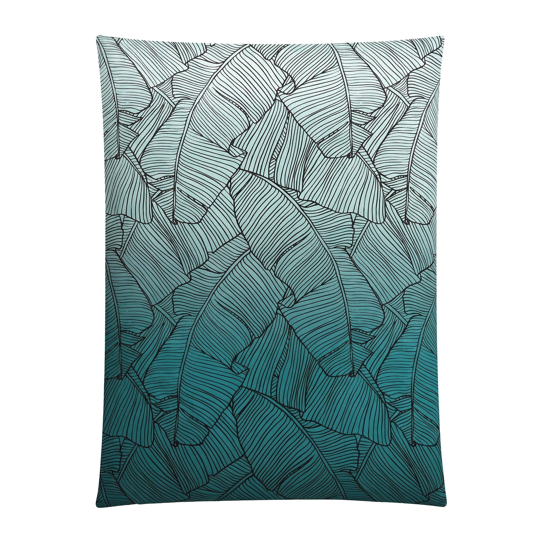 Türkise Bettwäsche mit schwarzem Blättermuster und Farbverlauf.